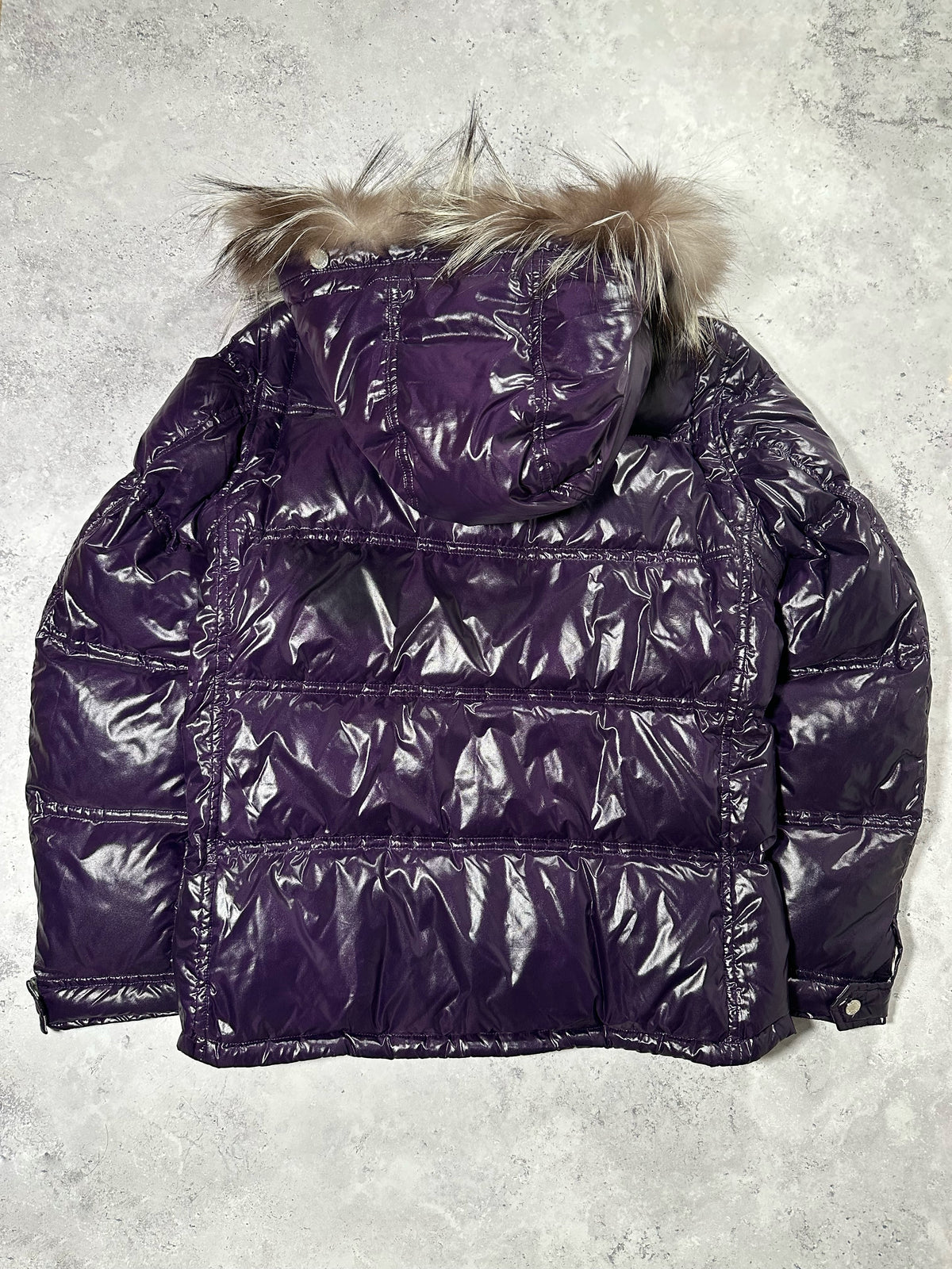 Burberry Black Label 2009 Fur Hood Glossy Puffer Jacket in Purple (L)