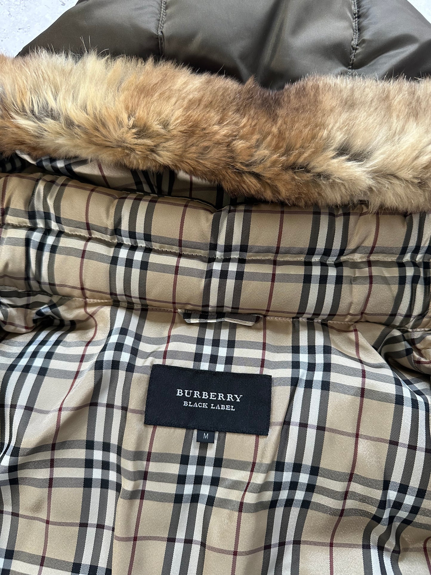 Burberry Black Label 2007 Fur Hood Down Puffer Jacket in Khaki (M)