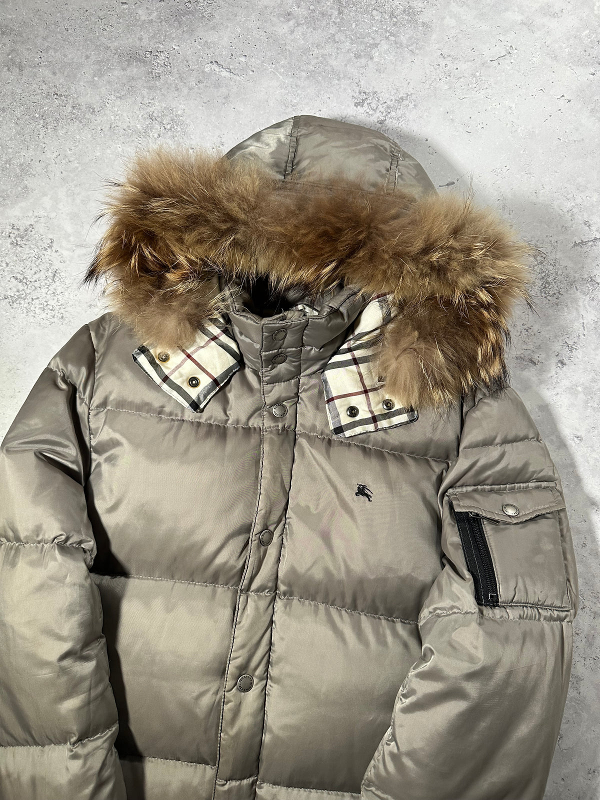 Burberry Black Label 2007 Fur Hood Puffer Jacket in Silver (M)