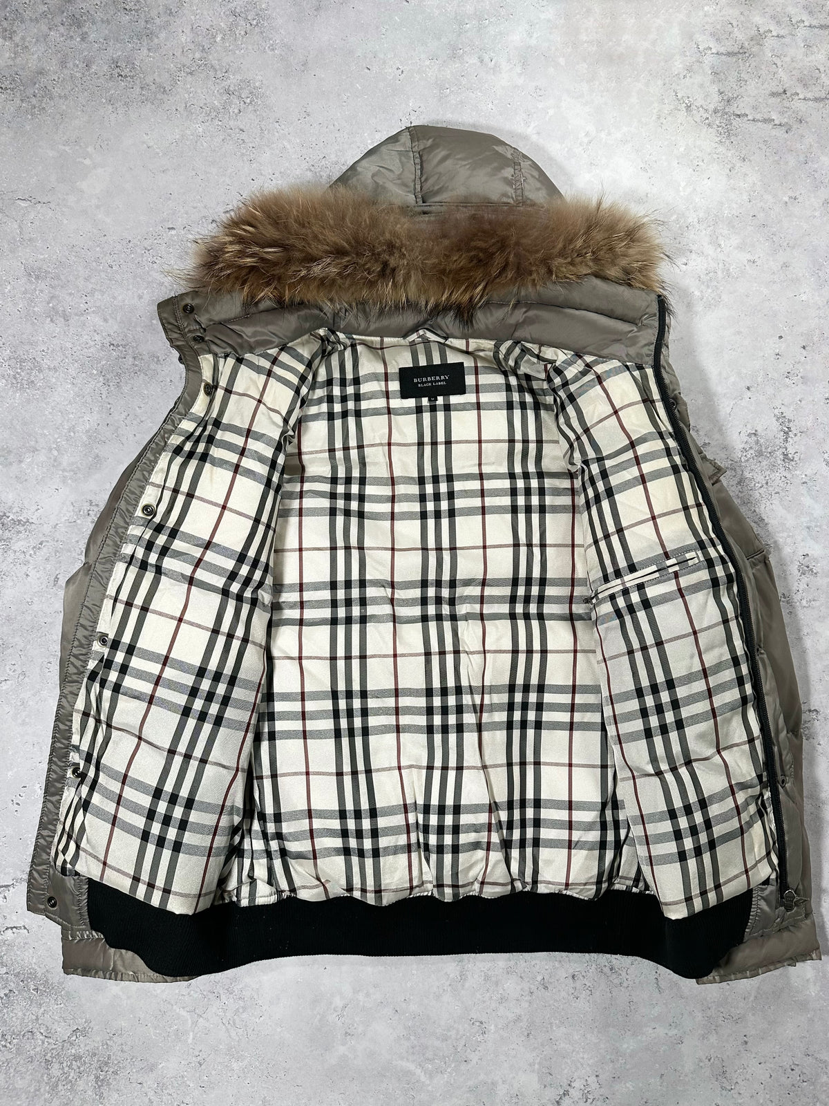 Burberry Black Label 2007 Fur Hood Puffer Jacket in Silver (M)