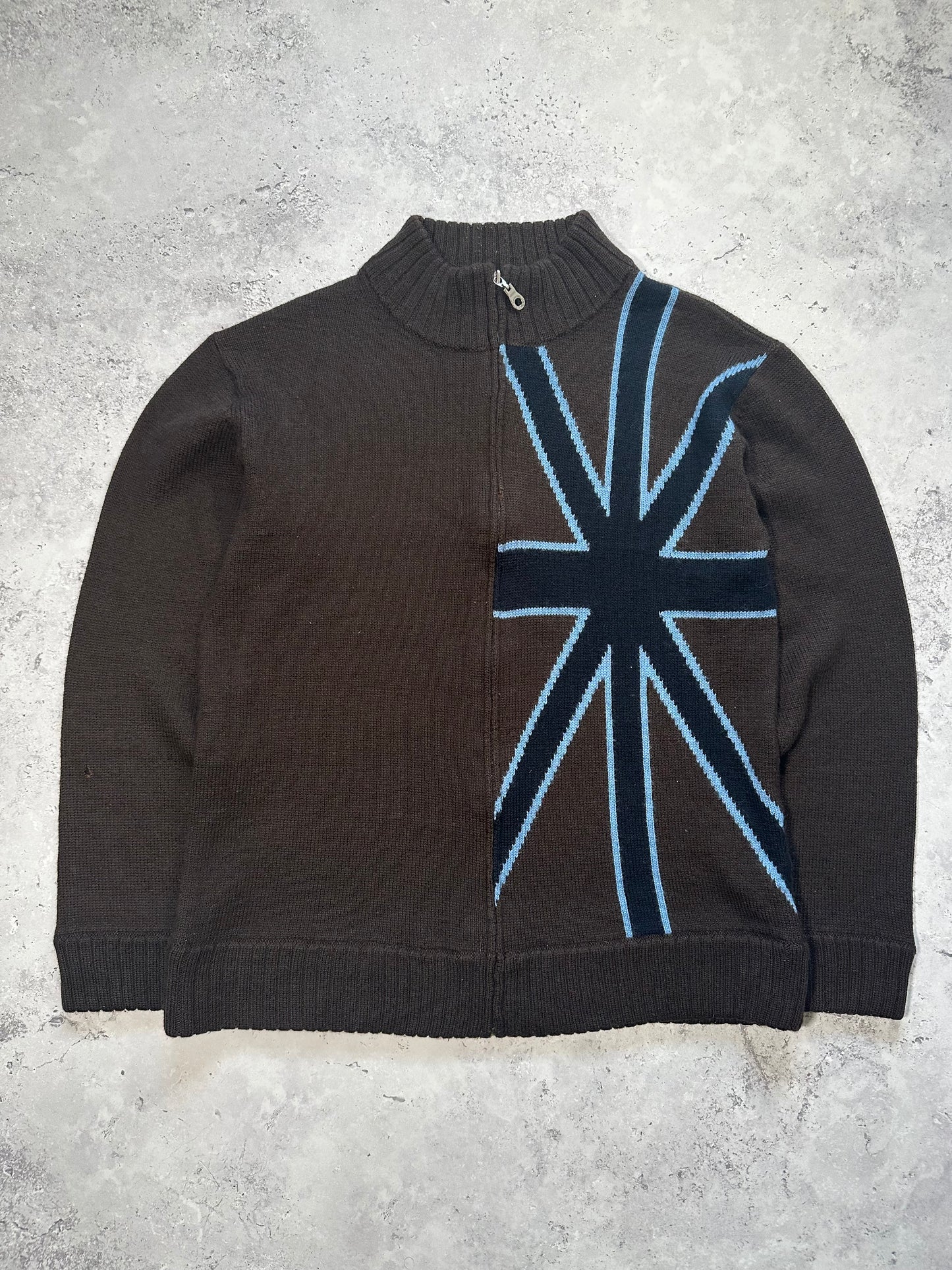 Burberry Black Label Union Jack Wool Blend Zip Knit Sweater (S)