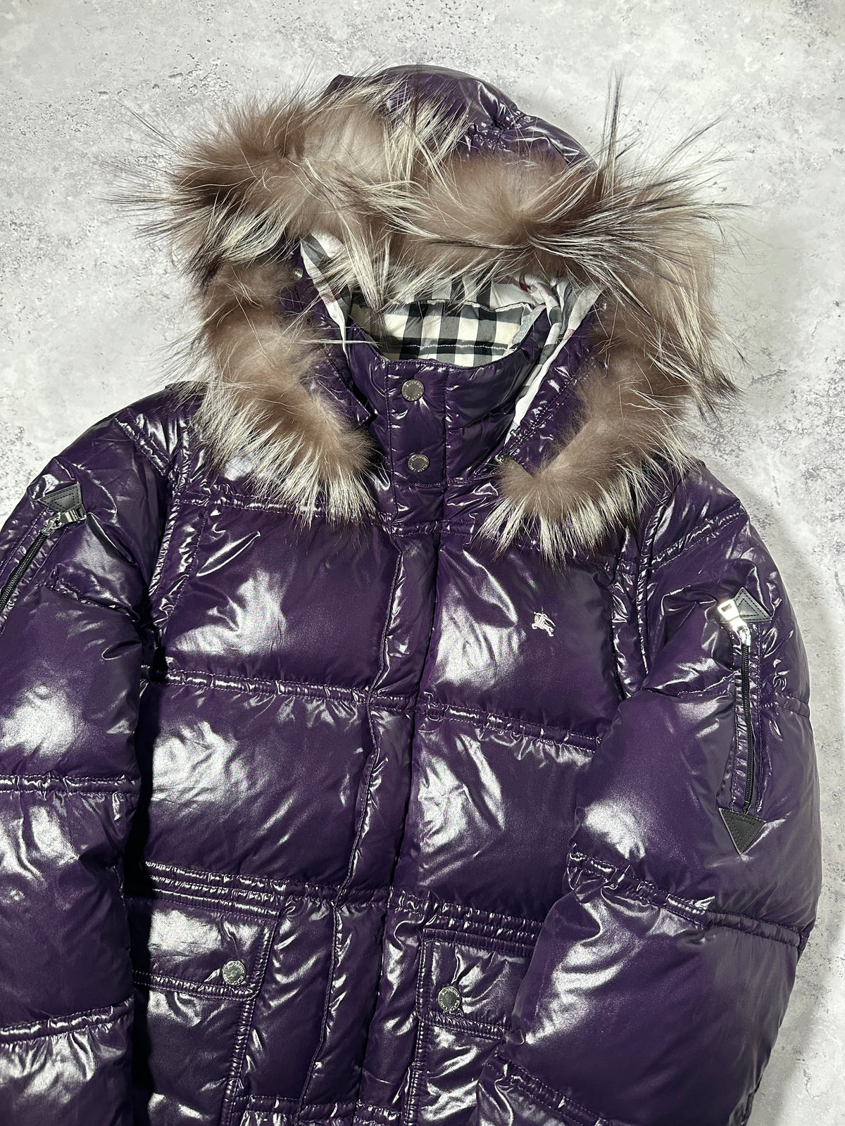 Burberry Black Label 2009 Fur Hood Glossy Puffer Jacket in Purple (L)