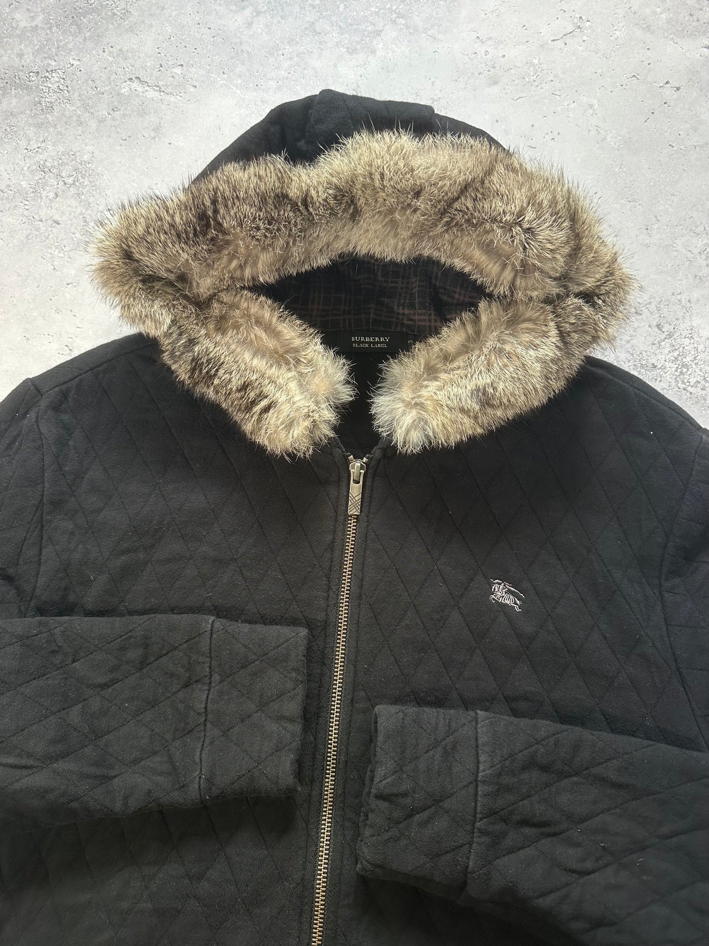 Burberry Black Label 2007 Diamond Stitch Fur Hood Zip Hoodie (M)