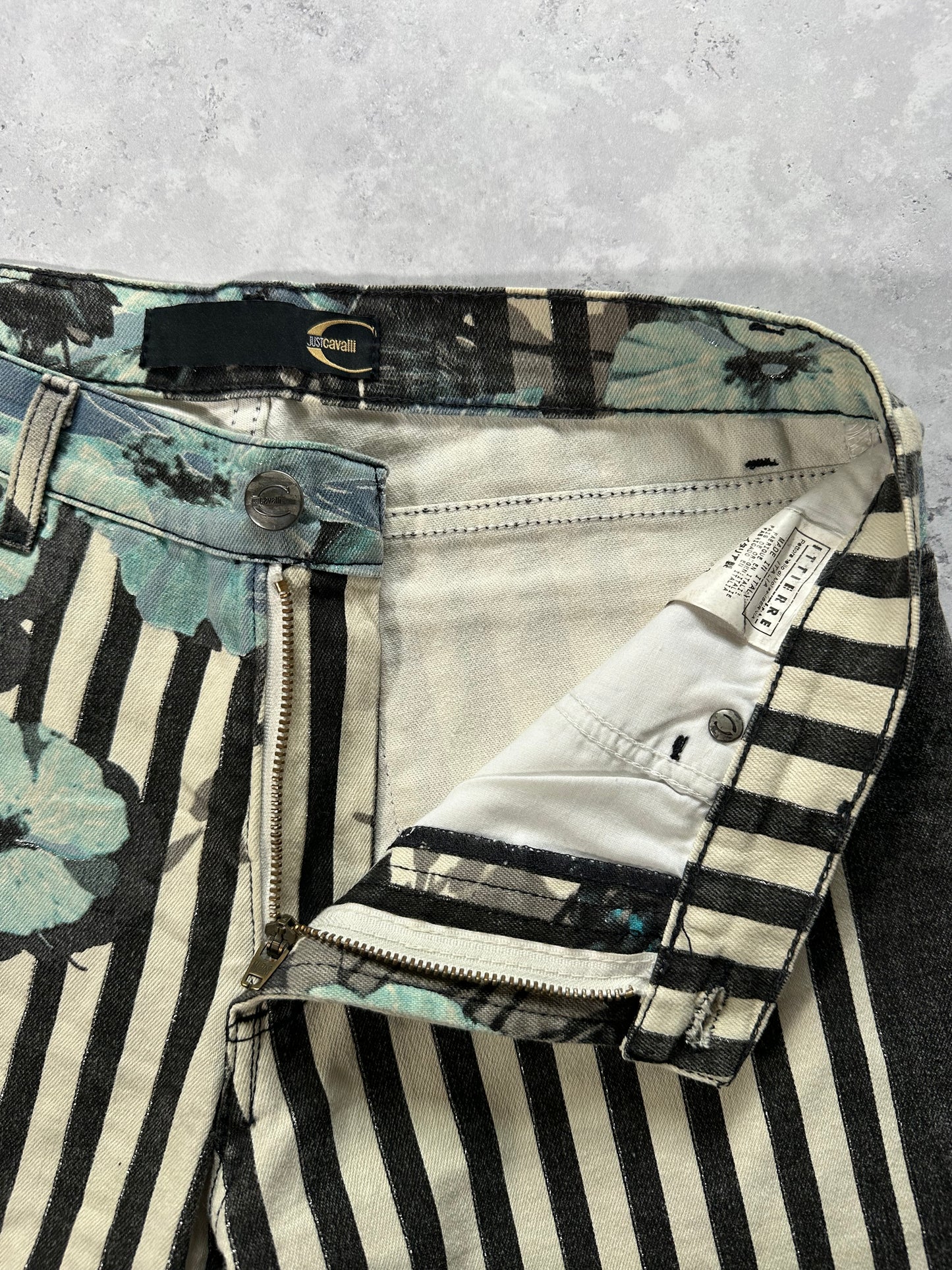 Roberto Cavalli 2005 Striped Floral Flared Jeans