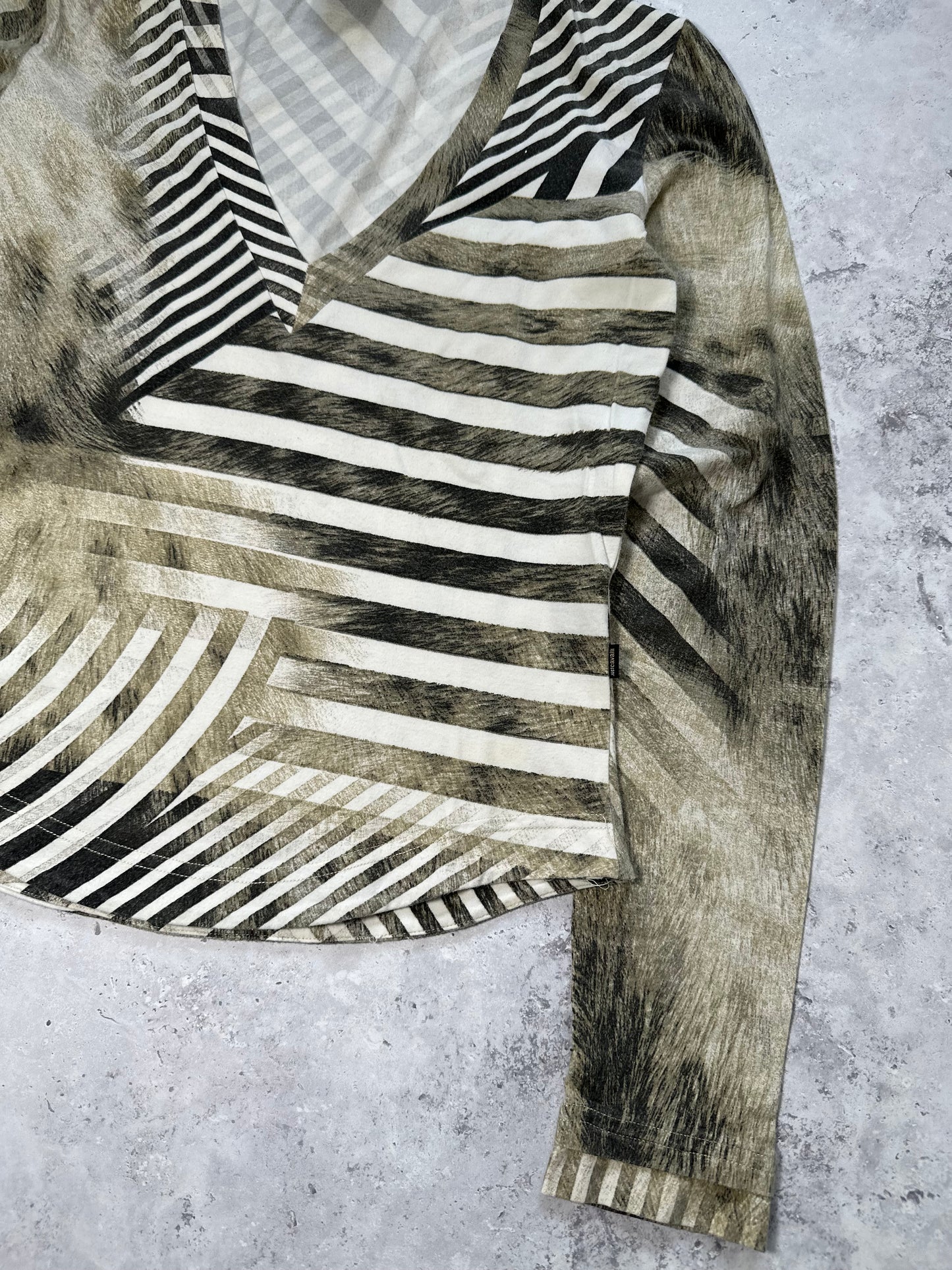 Roberto Cavalli 2000s Optical Stripe Animal Print Longsleeve Tshirt (S)
