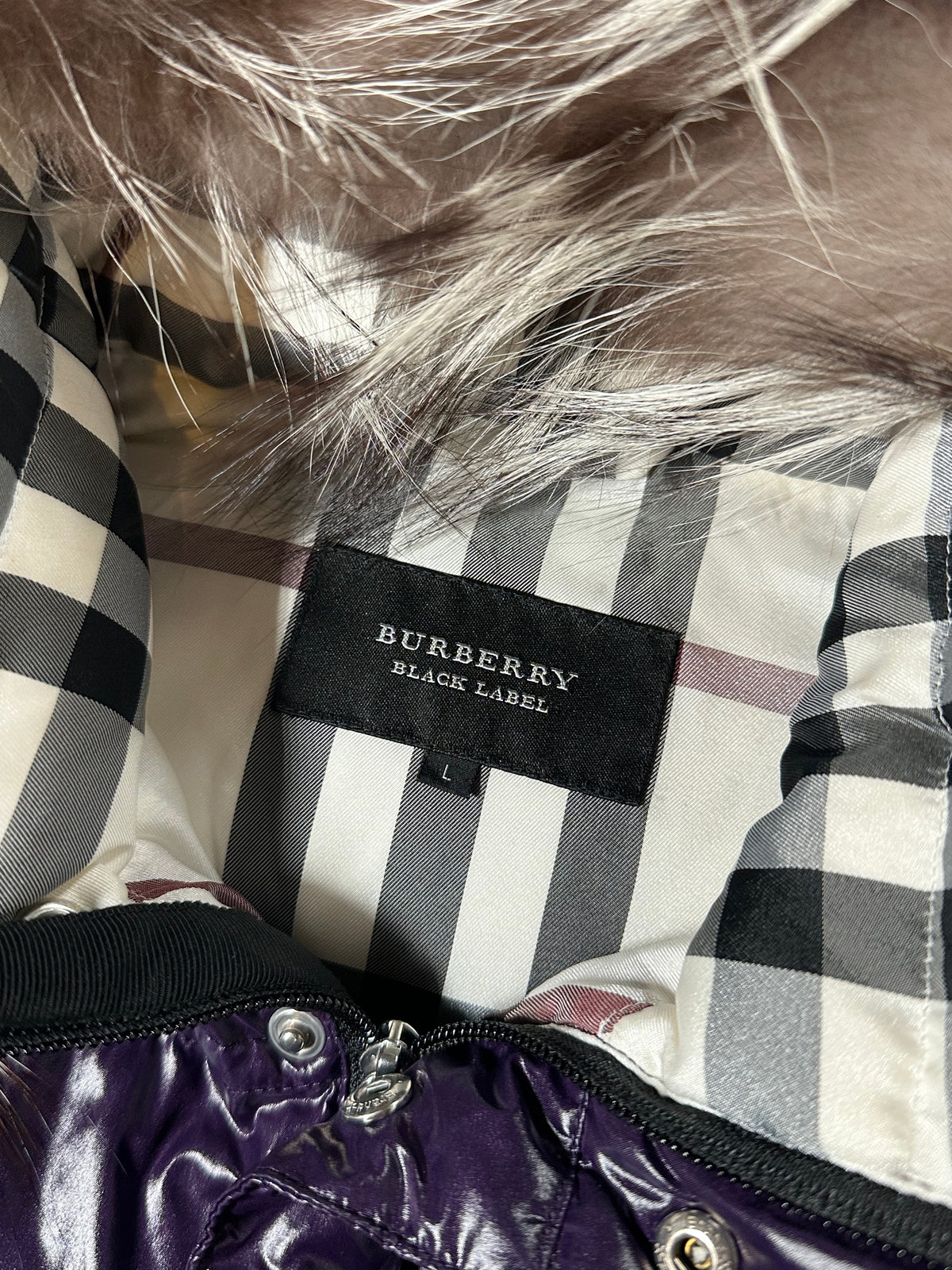 Burberry Black Label 2009 Fur Hood Glossy Puffer Jacket in Purple (L)