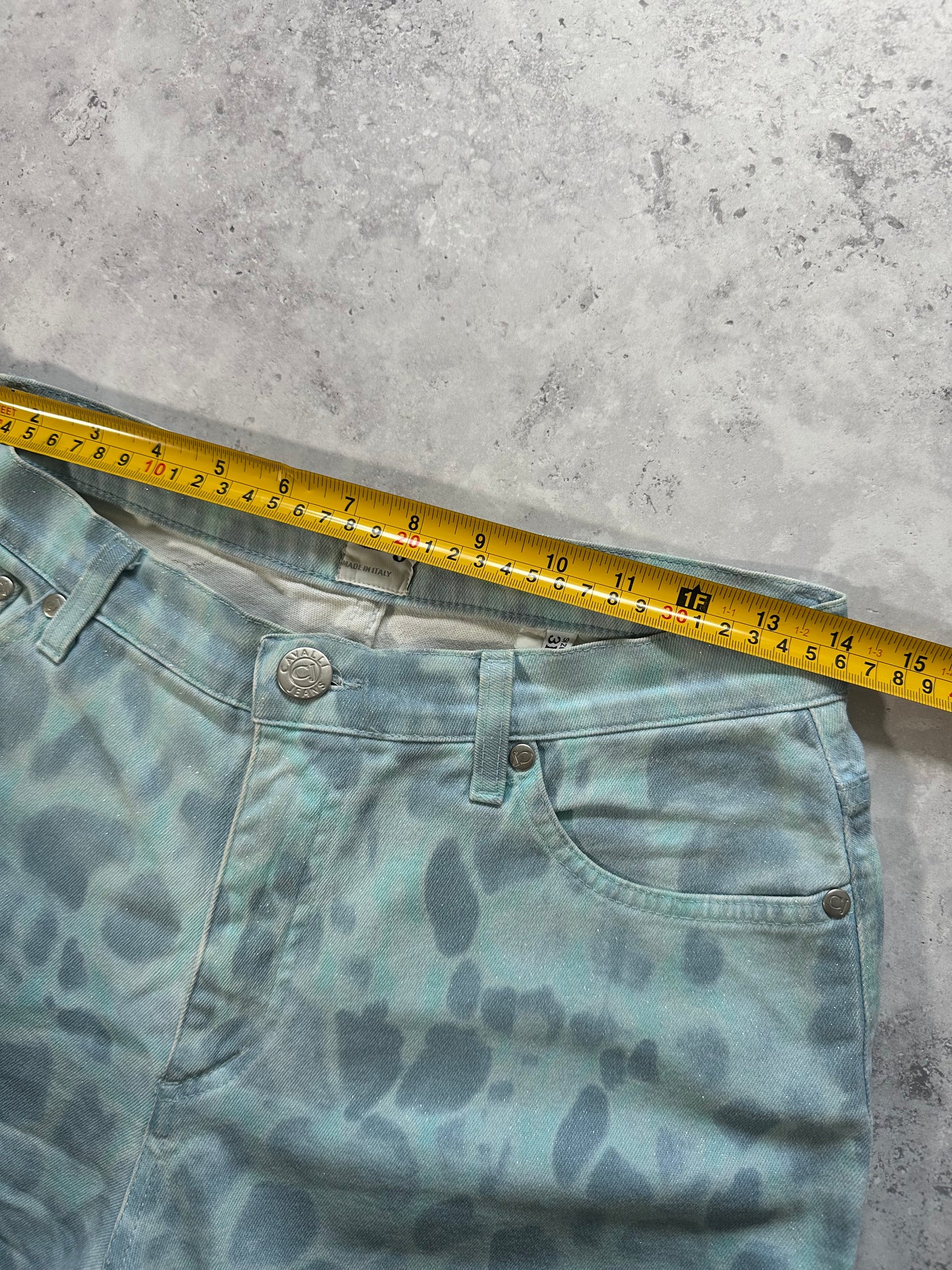 Roberto Cavalli Aqua Python Print Glitter Jeans (Waist 28”)