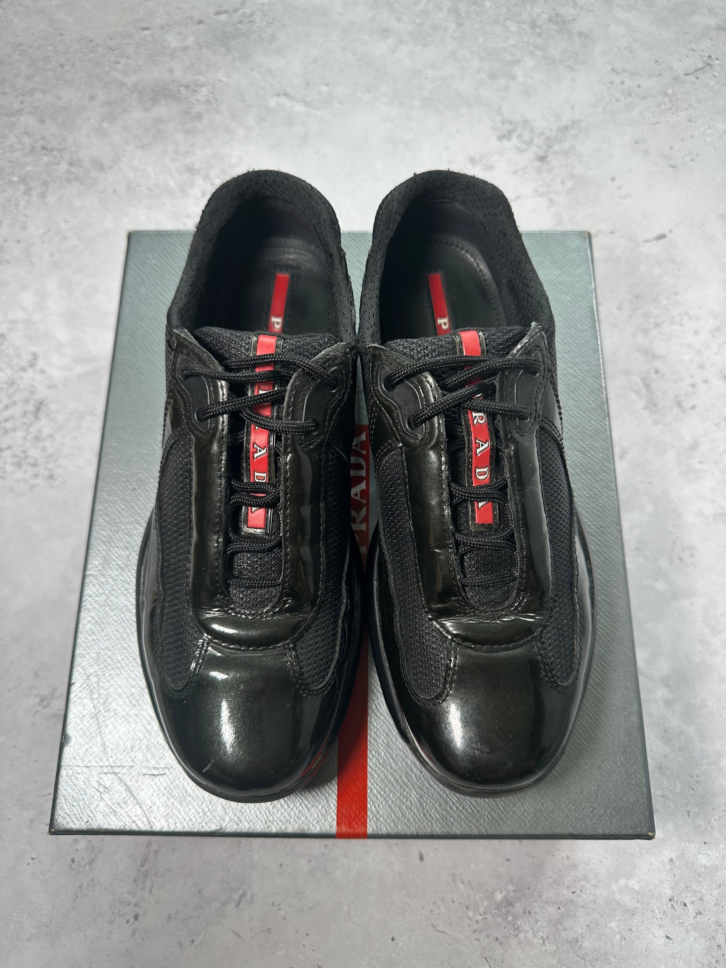 Prada America’s Cup Sneakers in Patent Black / Deep Green (UK5.5/ EU38.5-39)