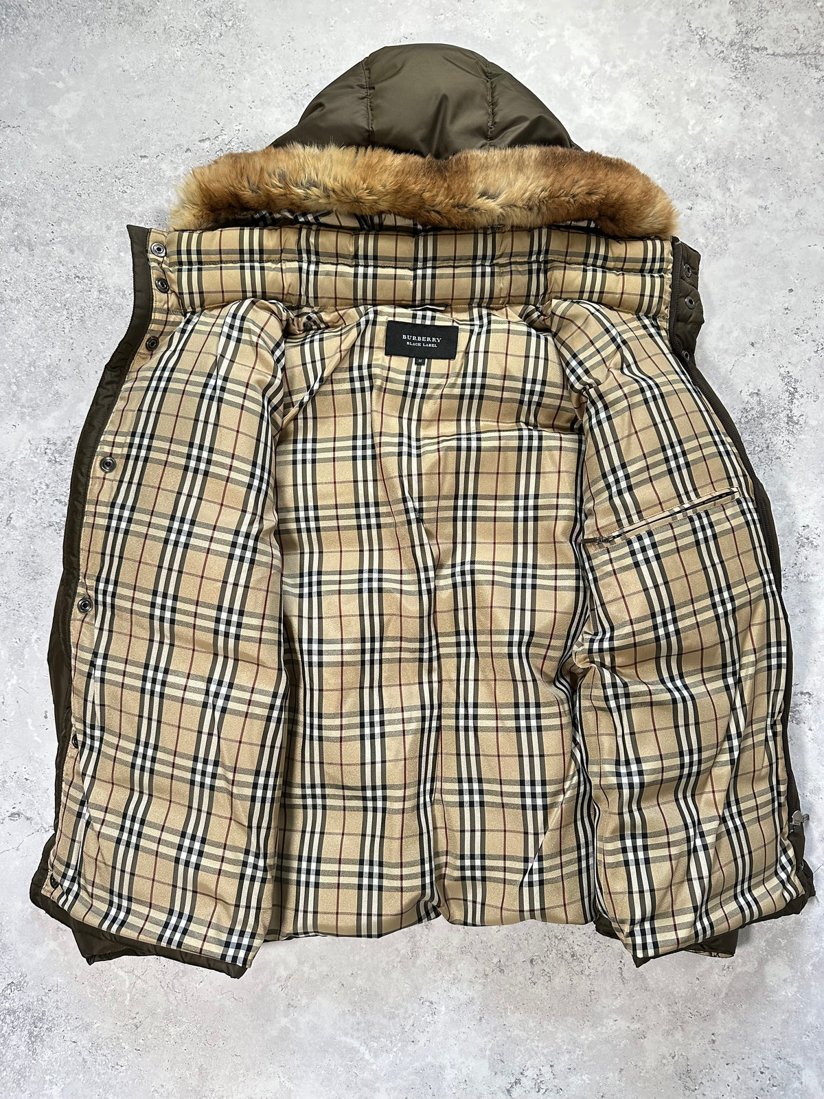 Burberry Black Label 2007 Fur Hood Down Puffer Jacket in Khaki (M)