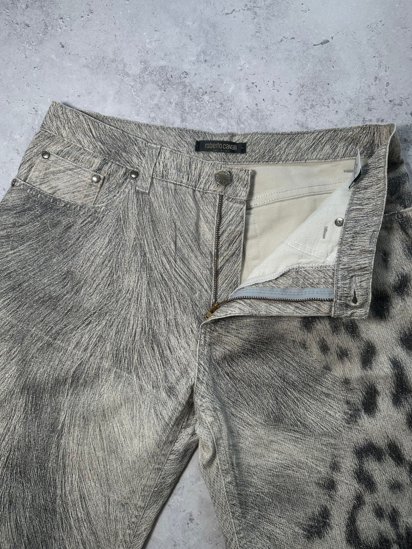 Roberto Cavalli FW2002 Leopard Print Fur Effect Trousers