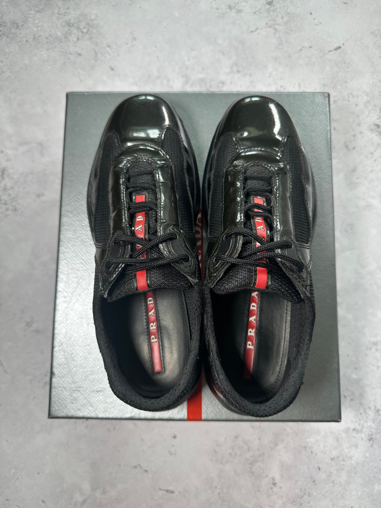 Prada America’s Cup Sneakers in Patent Black / Deep Green (UK5.5/ EU38.5-39)