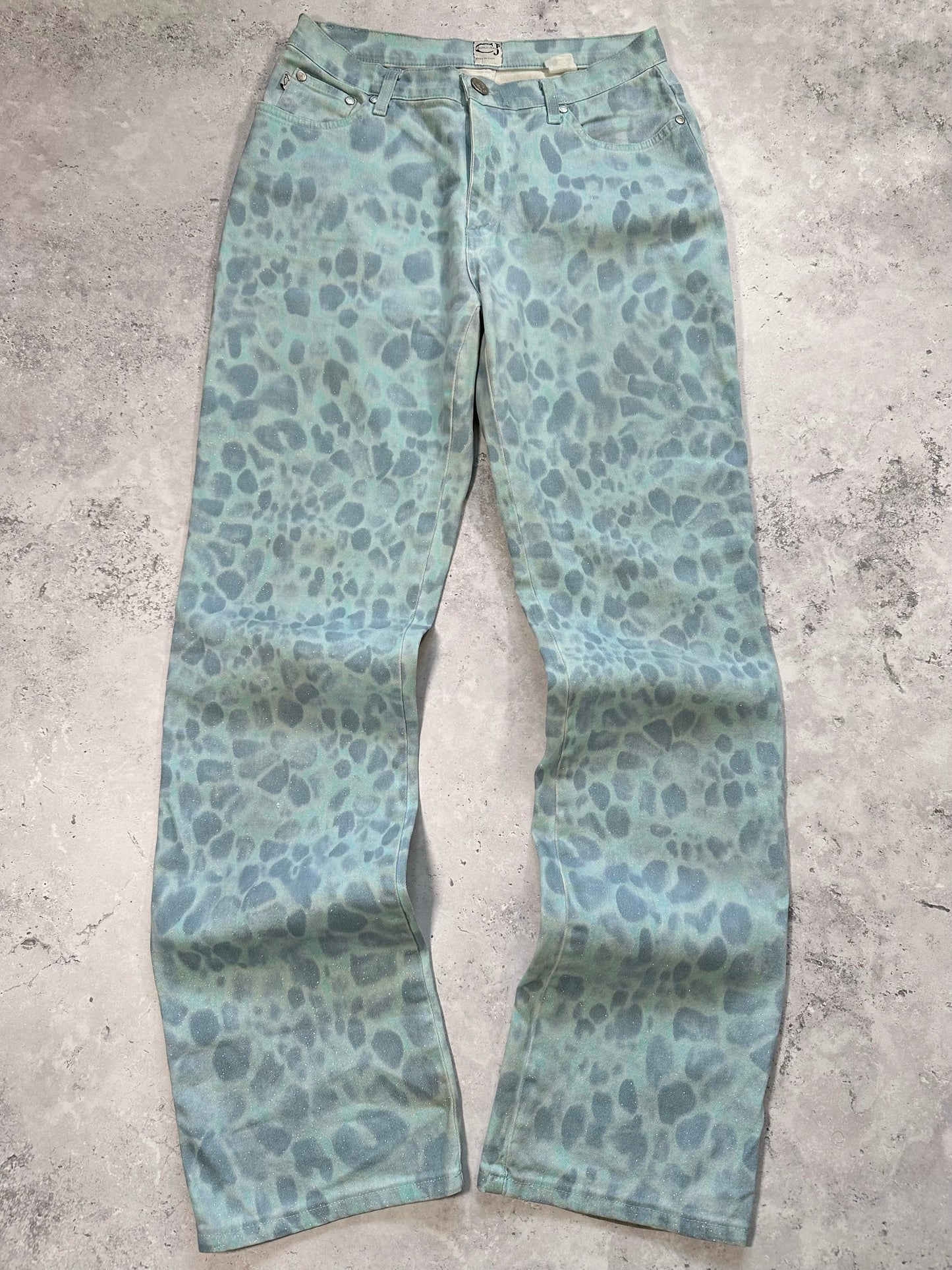 Roberto Cavalli Aqua Python Print Glitter Jeans (Waist 28”)