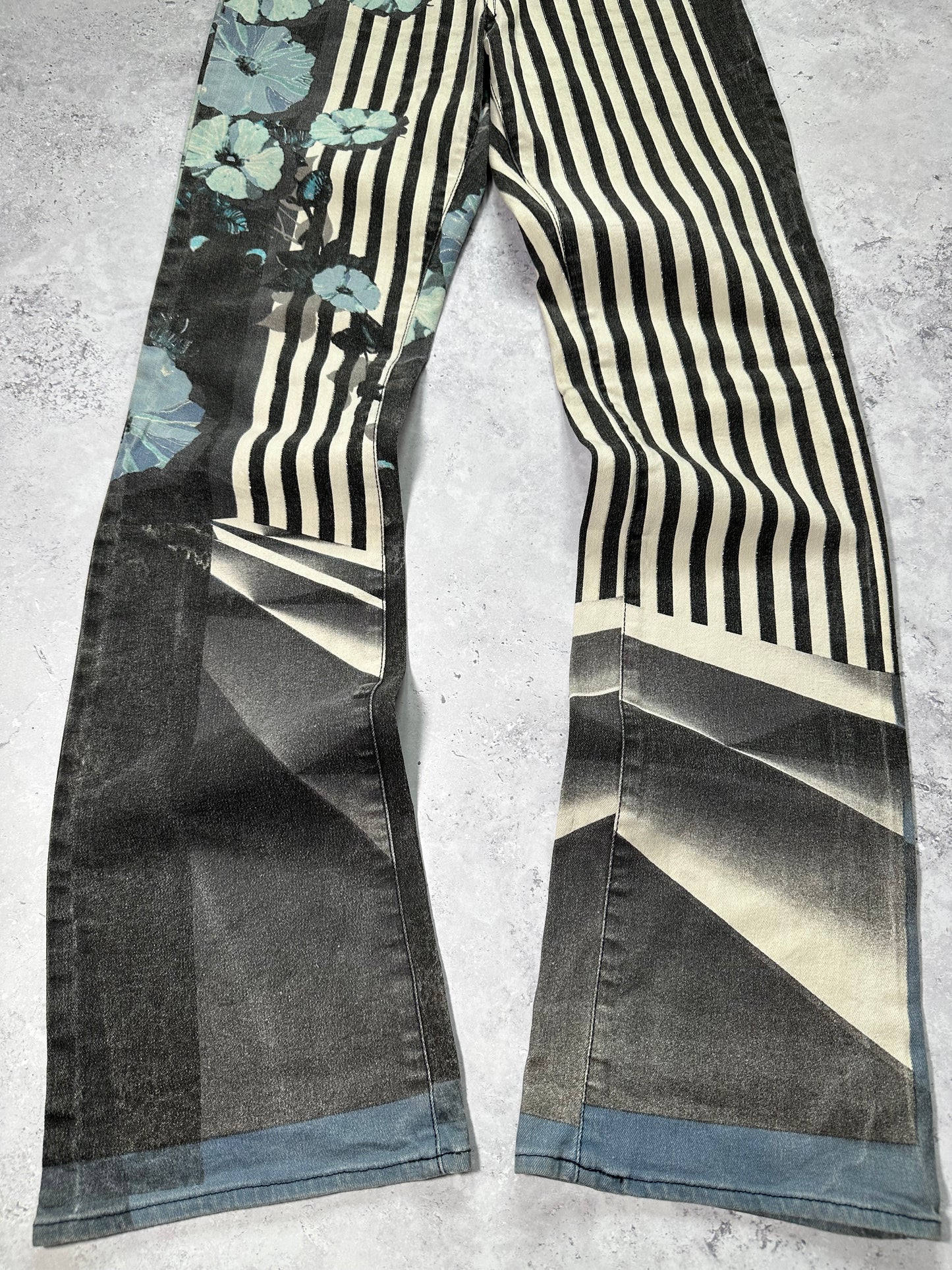 Roberto Cavalli 2005 Striped Floral Flared Jeans