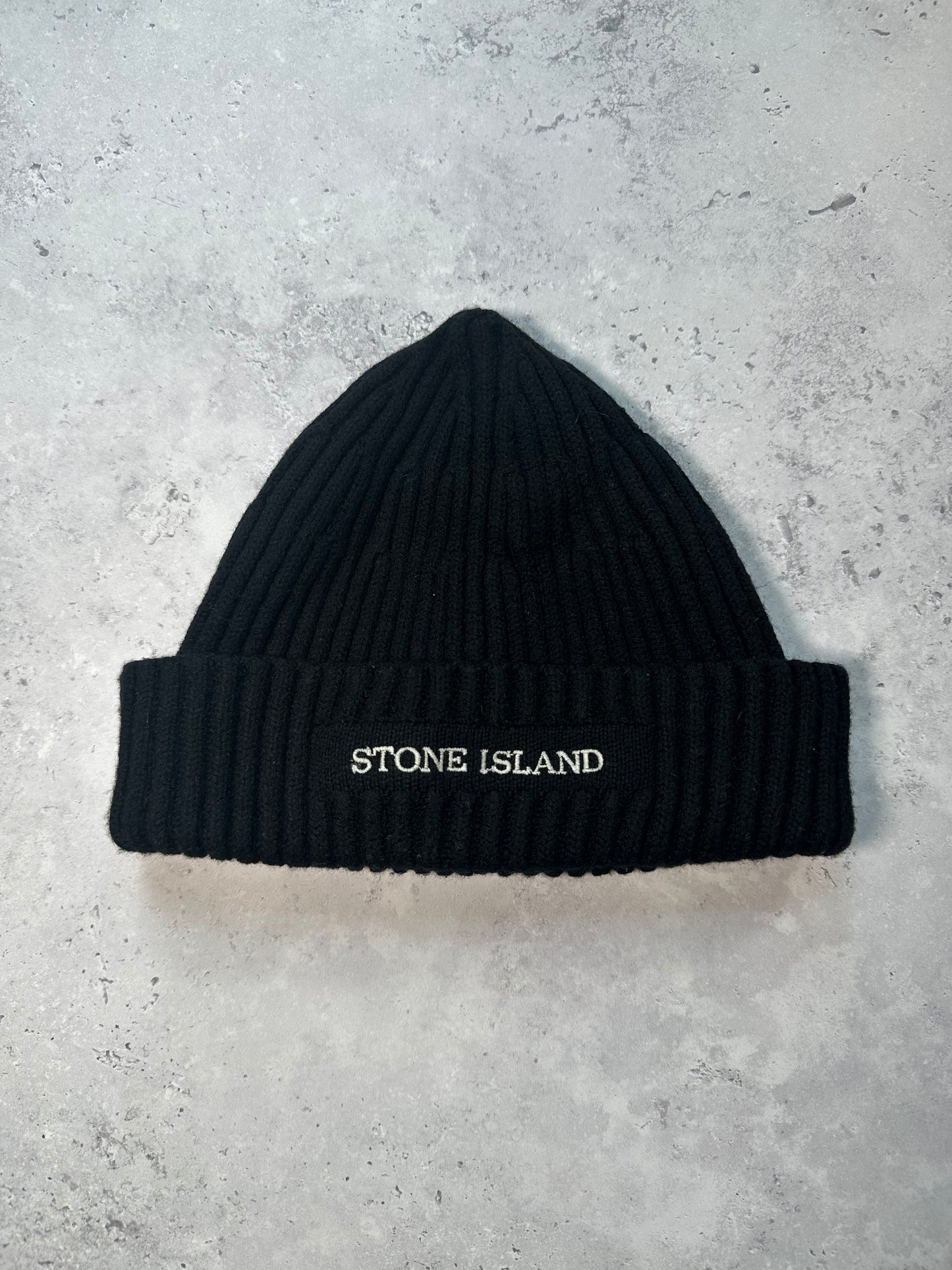 Stone Island 2005 Embroidered Spell Out Ribbed Beanie by Paul Harvey
