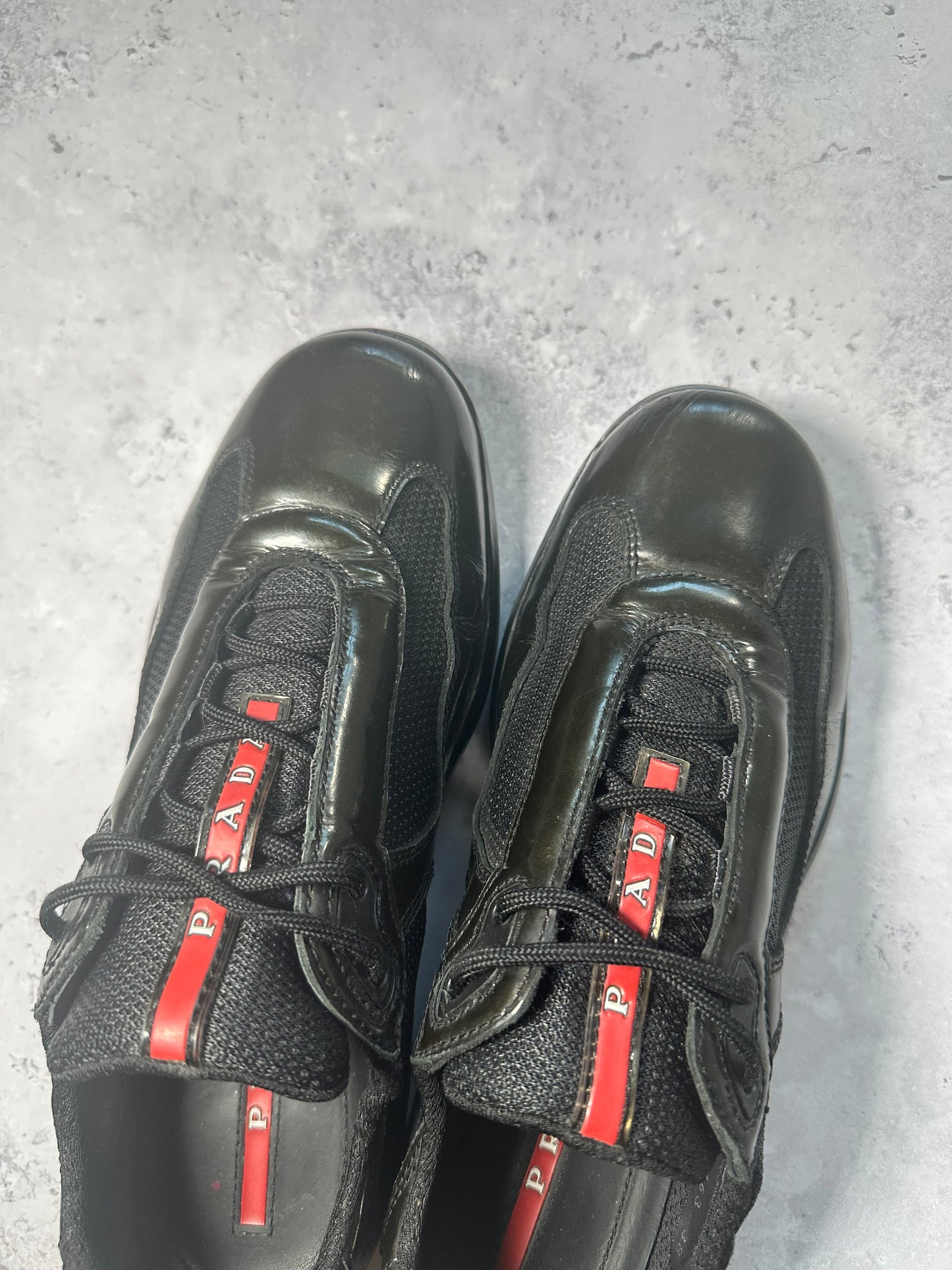 Prada Linea Rossa America’s Cup Patent Sneakers in Black / Deep Green