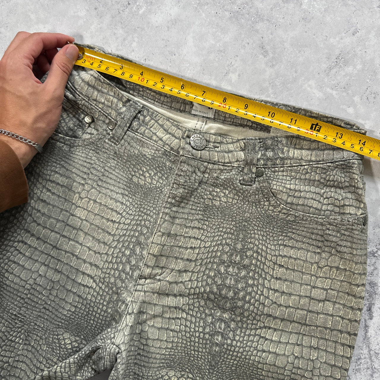 Roberto Cavalli 2003 Crocodile Print Glittered Straight Leg Jeans (W28” L32”)