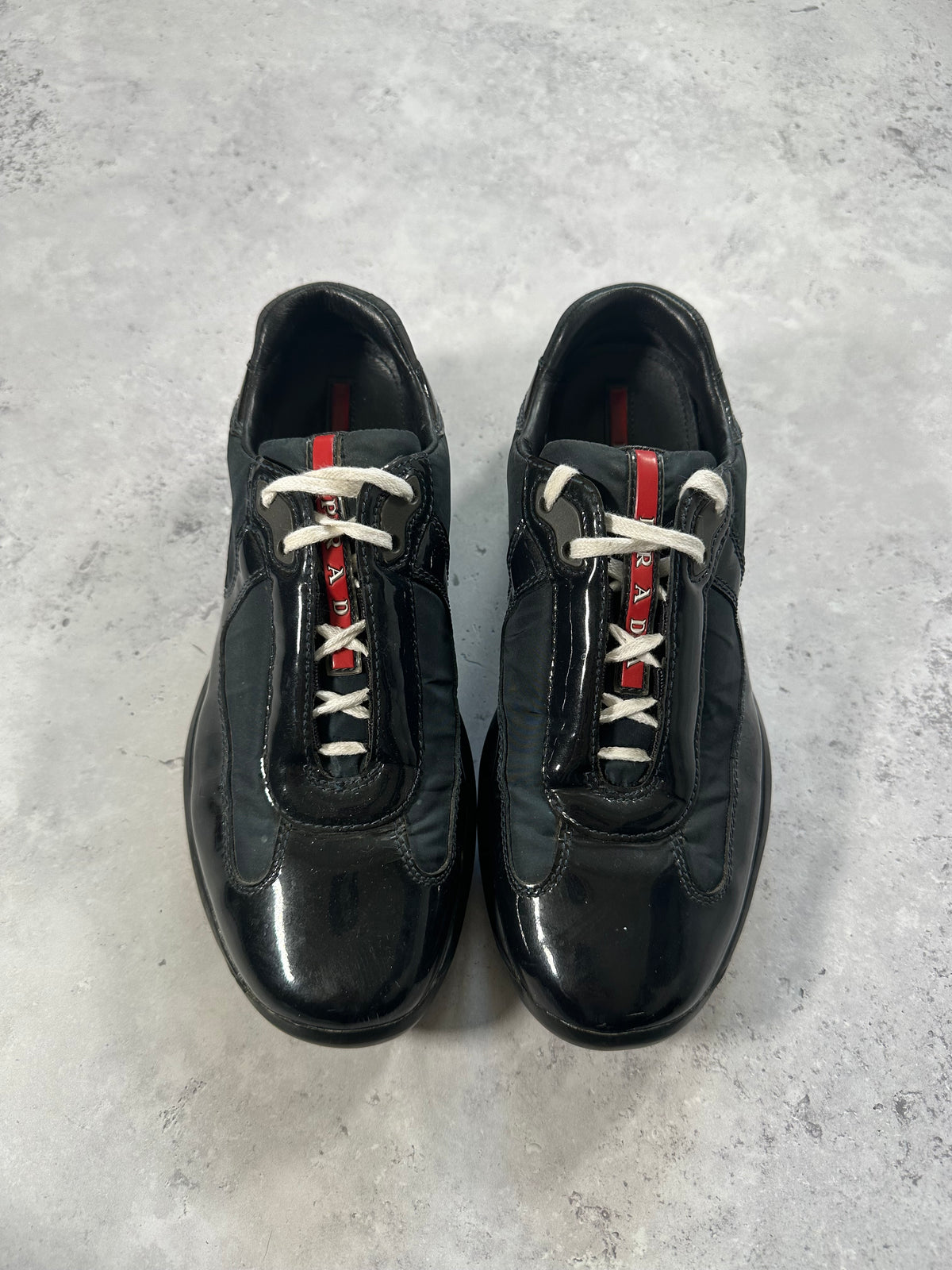 Prada Linea Rossa America’s Cup Leather Nylon Sneakers in Patent Black (UK6/EU39/ US7)