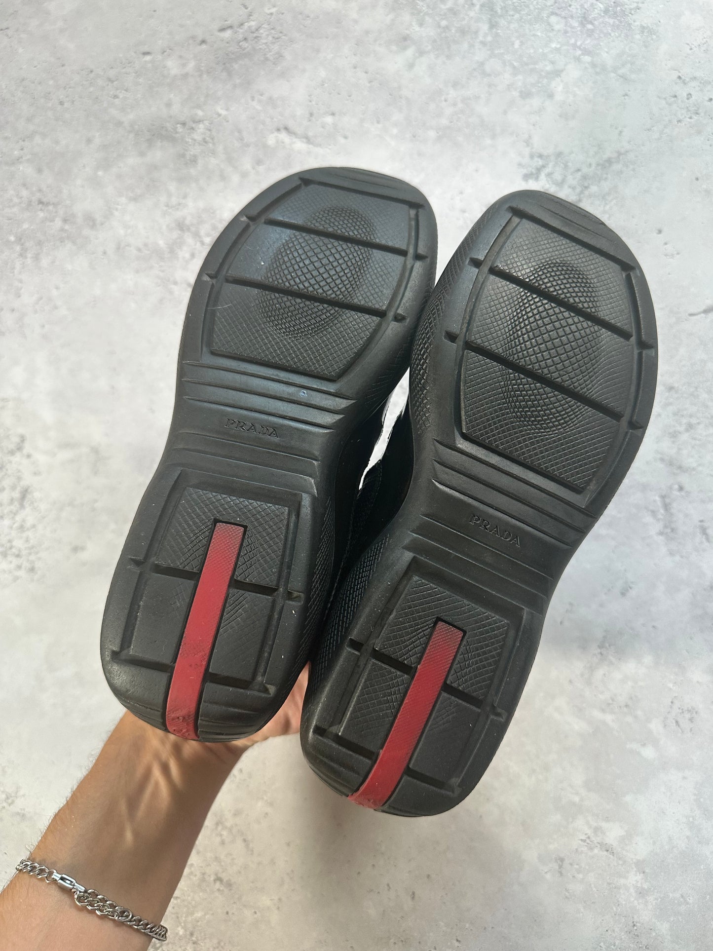 Prada Linea Rossa America’s Cup Patent Sneakers in Black / Deep Green