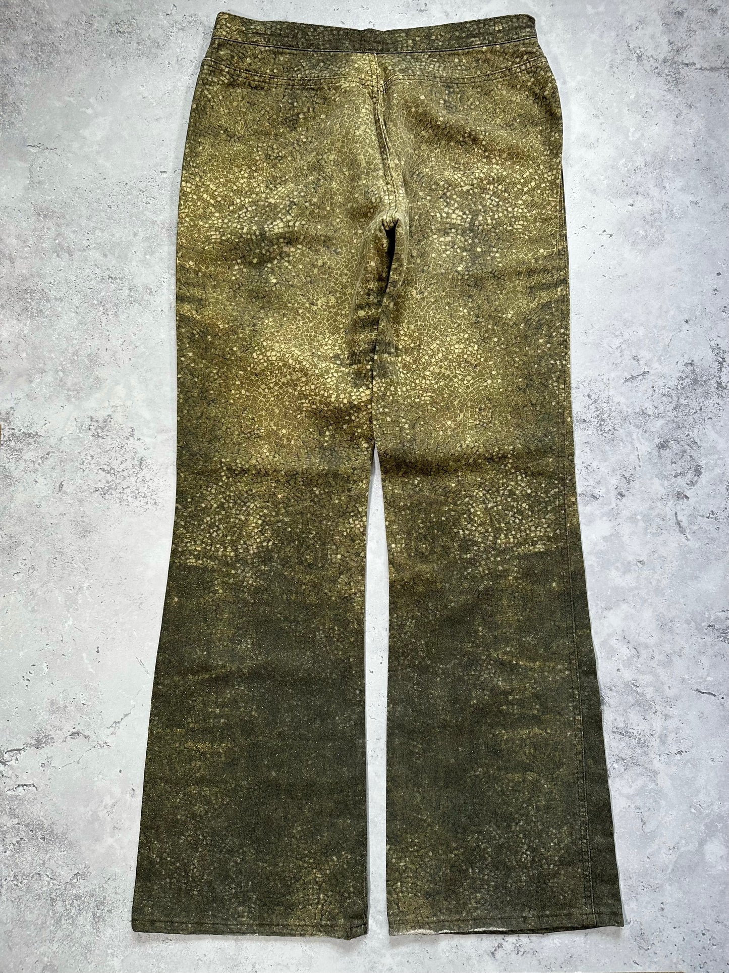 Roberto Cavalli 2005 Reptile Print Glittered Bootcut Baggy Jeans (W30 L32”)