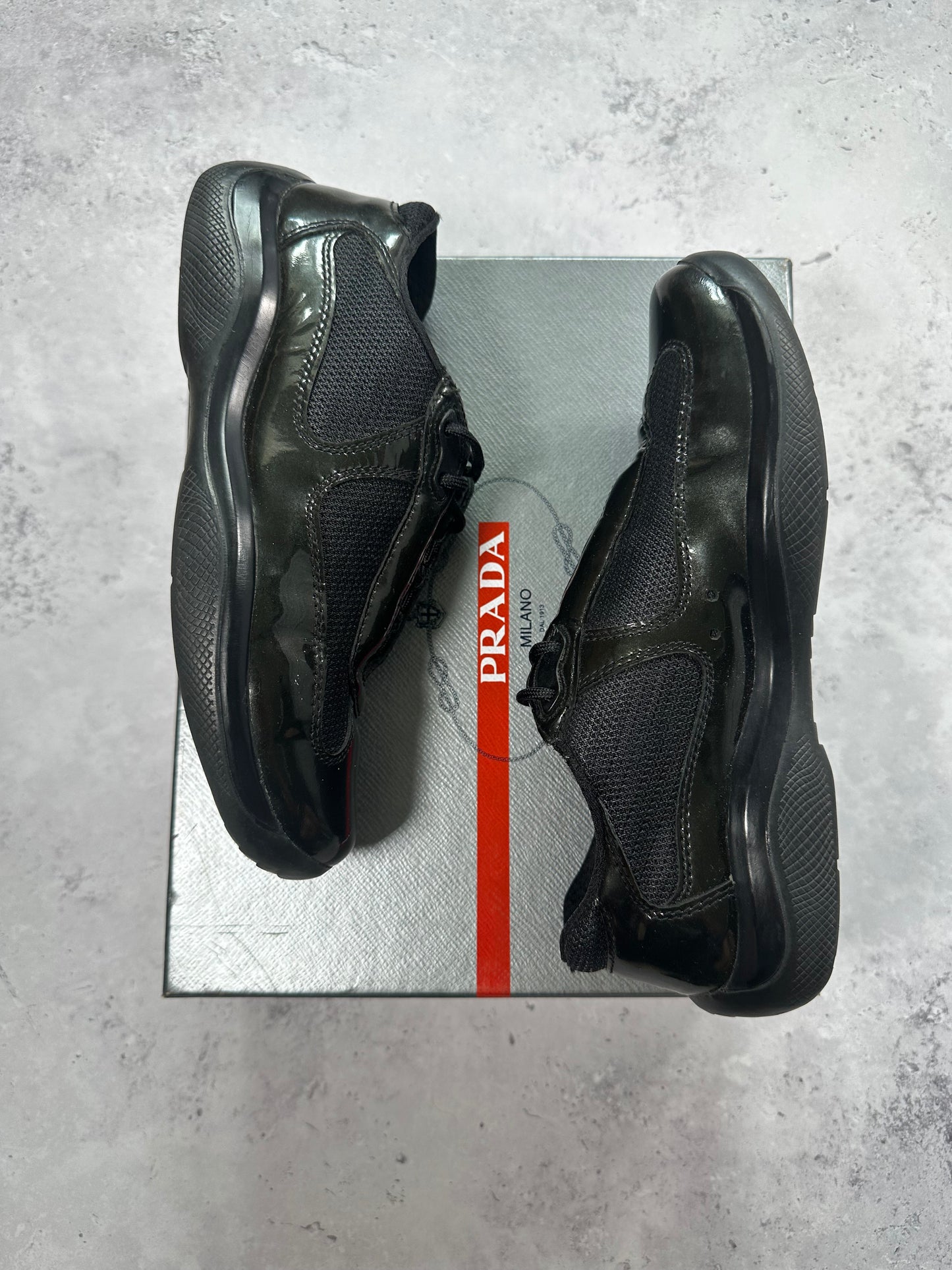 Prada America’s Cup Sneakers in Patent Black / Deep Green (UK5.5/ EU38.5-39)