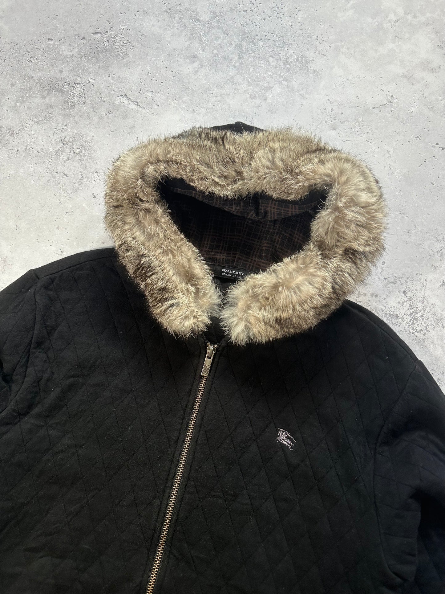 Burberry Black Label 2007 Diamond Stitch Fur Hood Zip Hoodie (M)