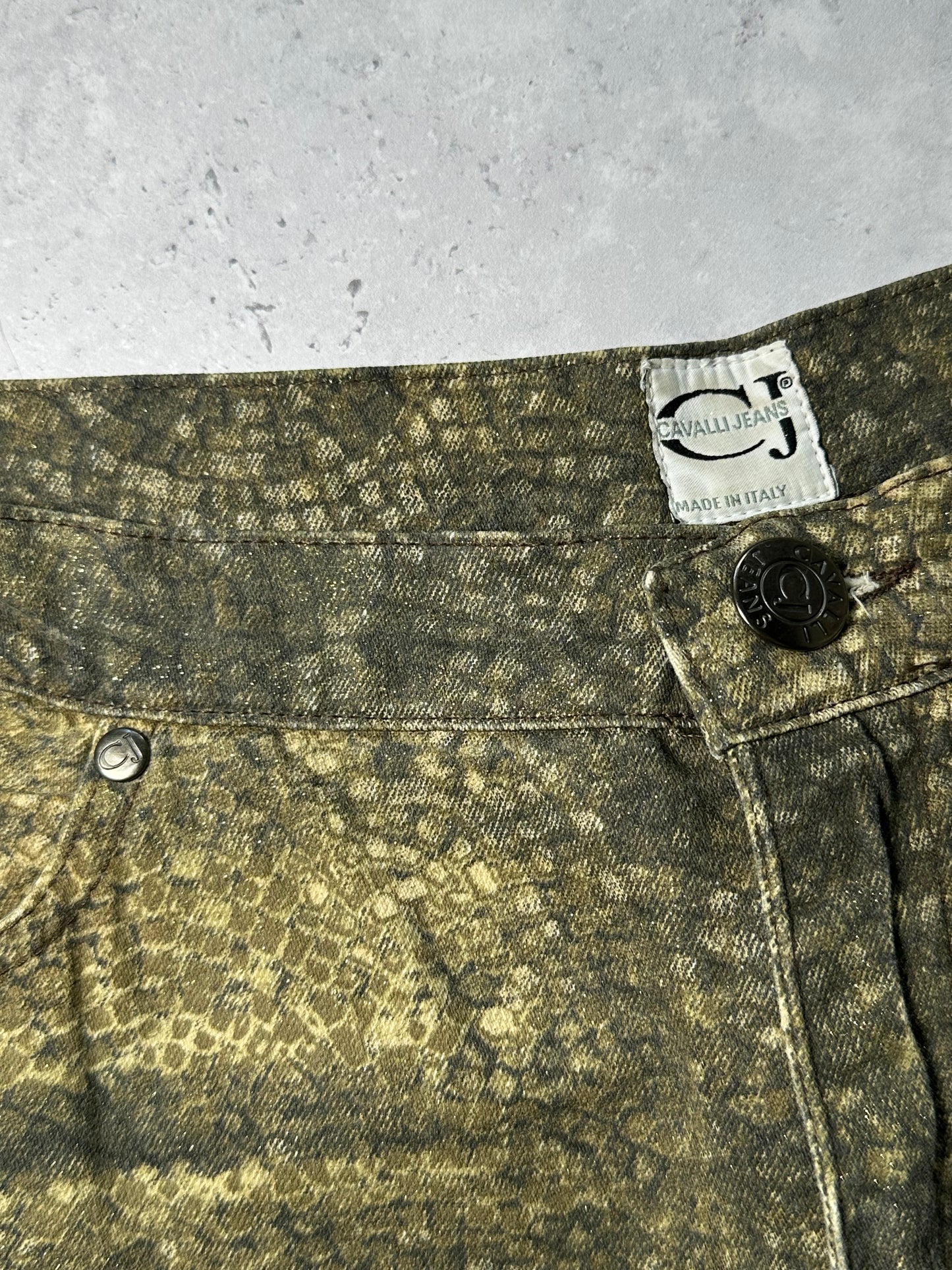 Roberto Cavalli 2005 Reptile Print Glittered Bootcut Baggy Jeans (W30 L32”)