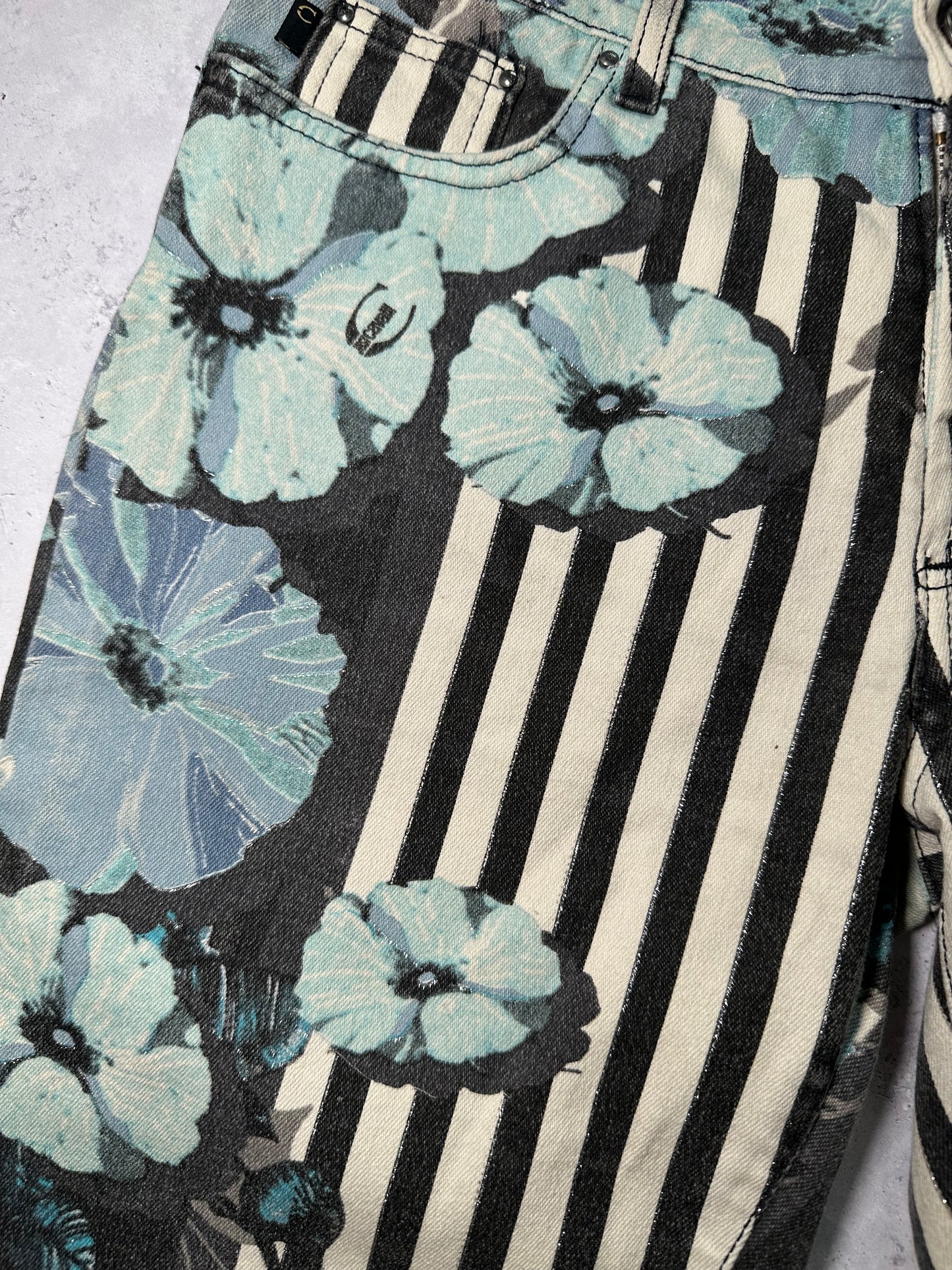 Roberto Cavalli 2005 Striped Floral Flared Jeans