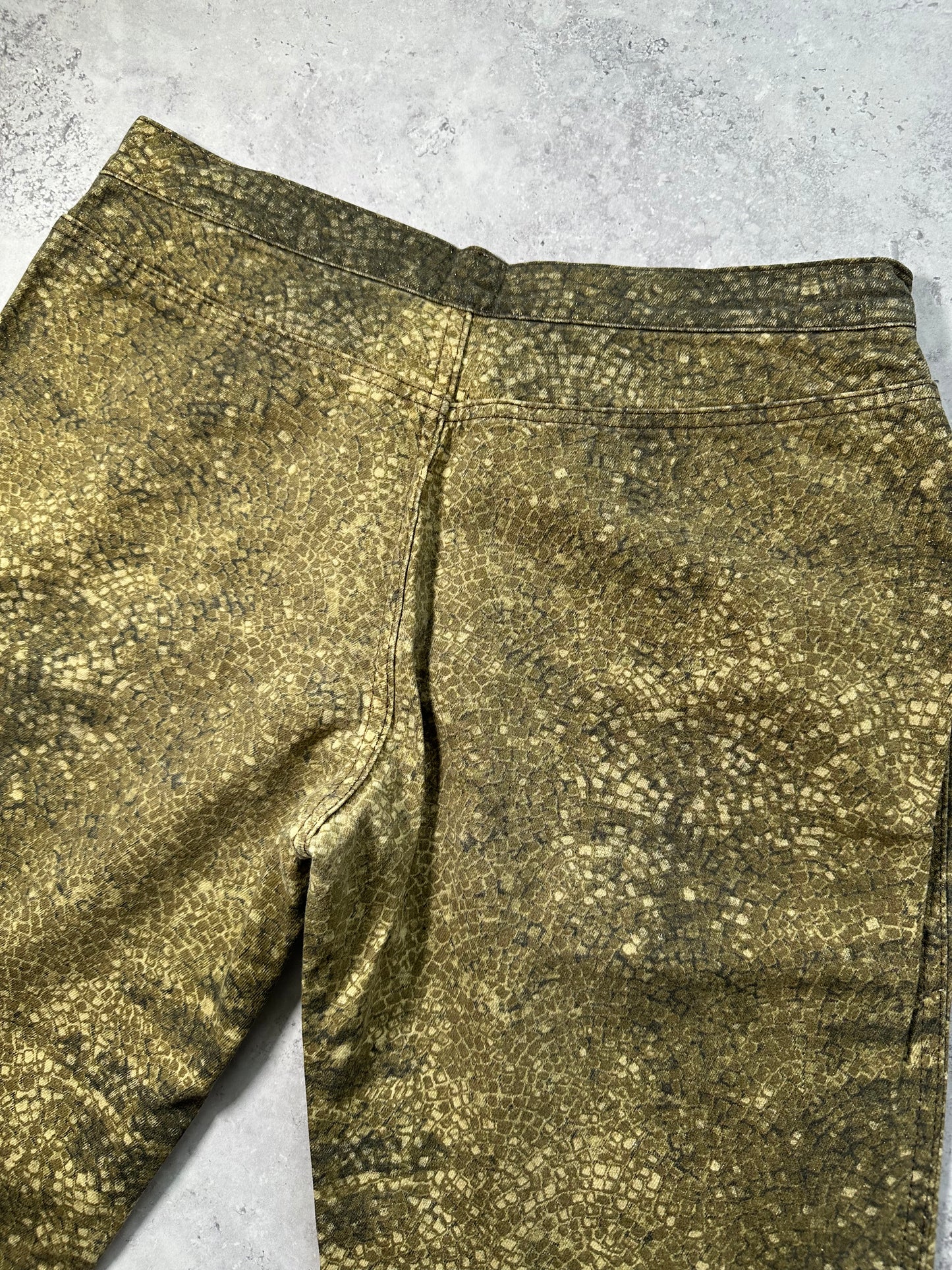 Roberto Cavalli 2005 Reptile Print Glittered Bootcut Baggy Jeans (W30 L32”)