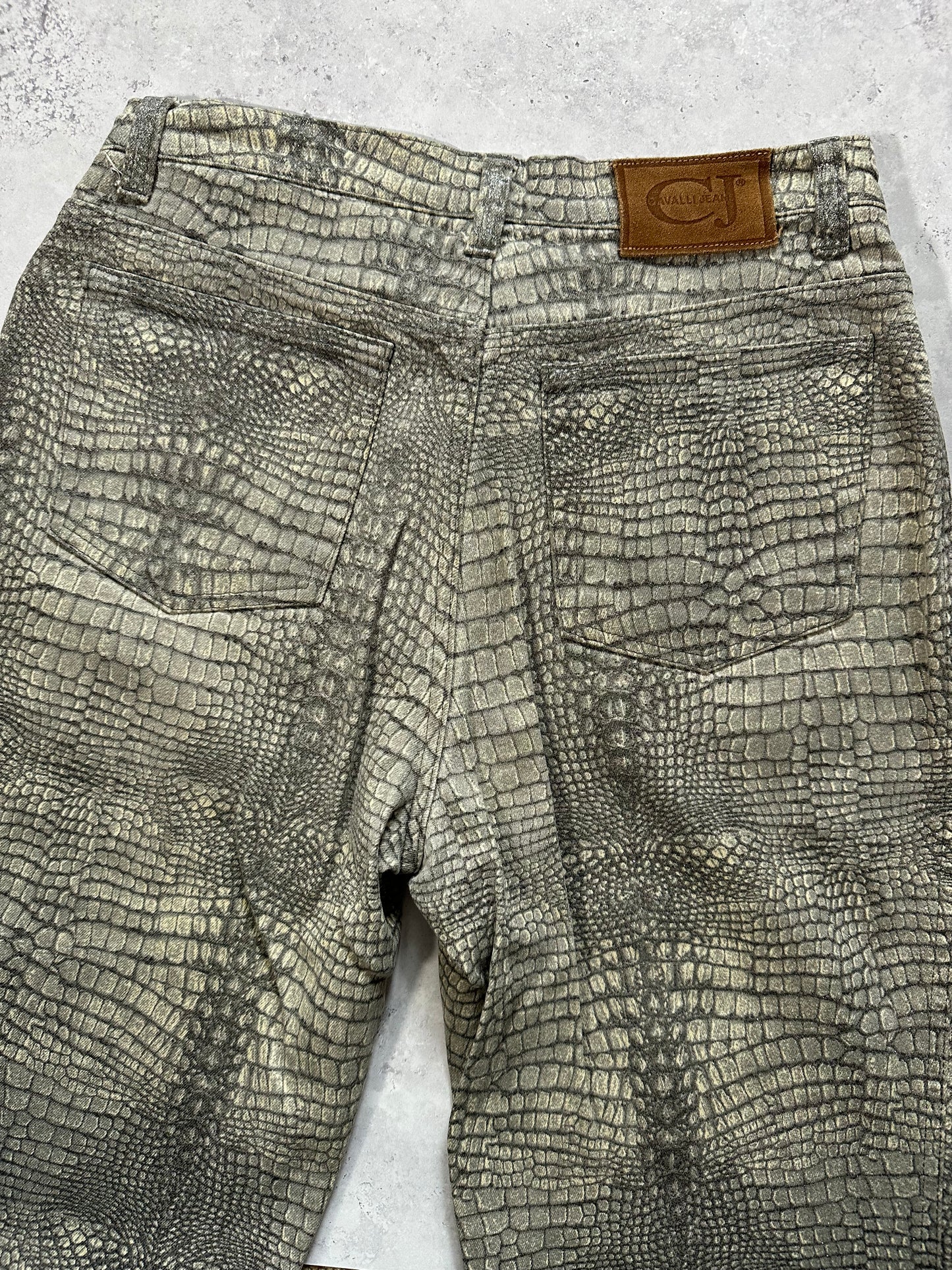 Roberto Cavalli 2003 Crocodile Print Glittered Straight Leg Jeans (W28” L32”)