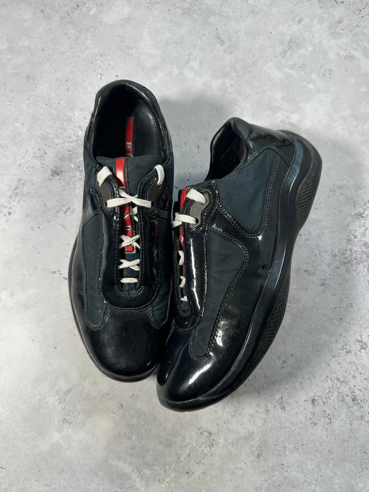 Prada Linea Rossa America’s Cup Leather Nylon Sneakers in Patent Black (UK6/EU39/ US7)