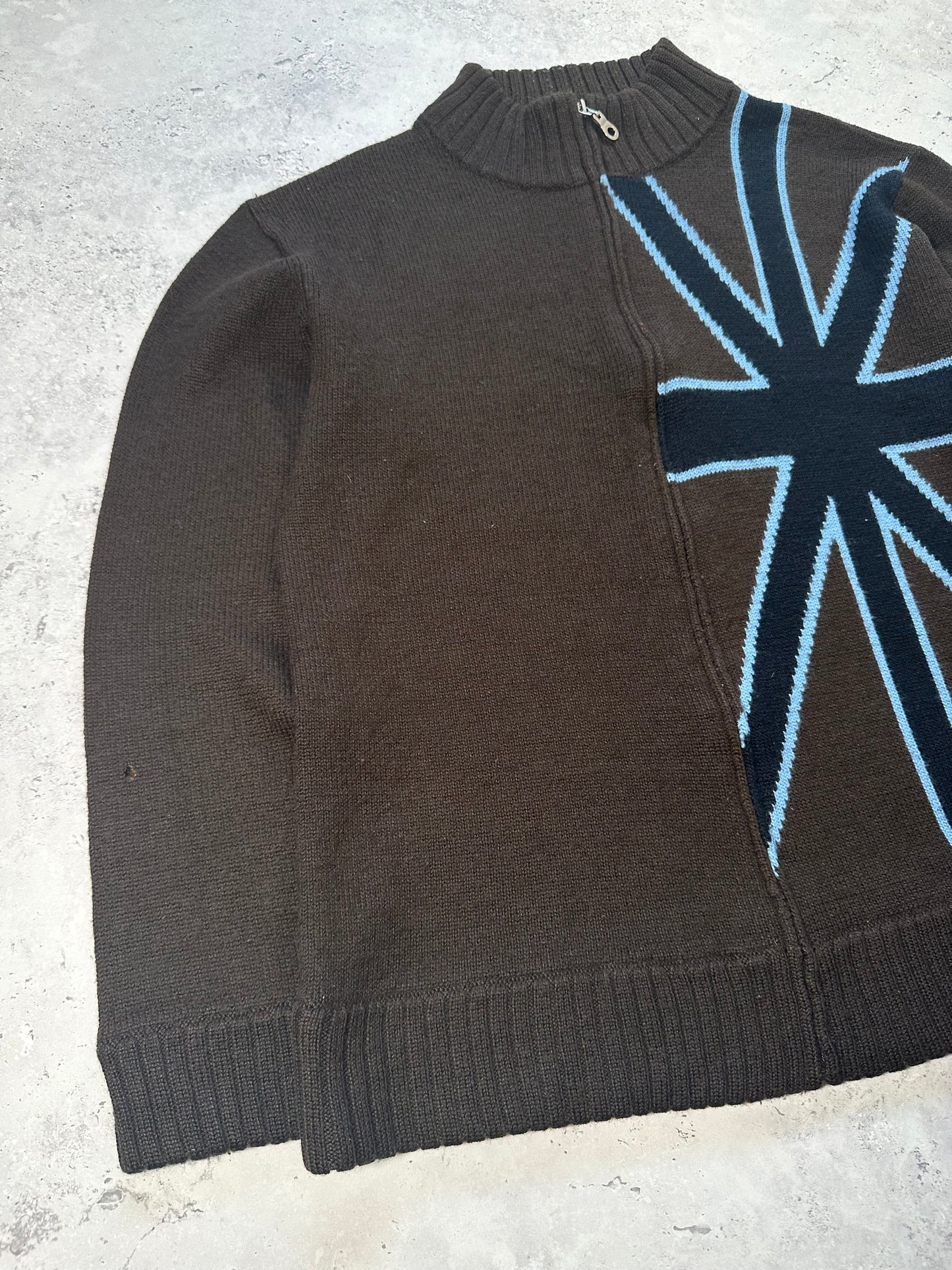 Burberry Black Label Union Jack Wool Blend Zip Knit Sweater (S)