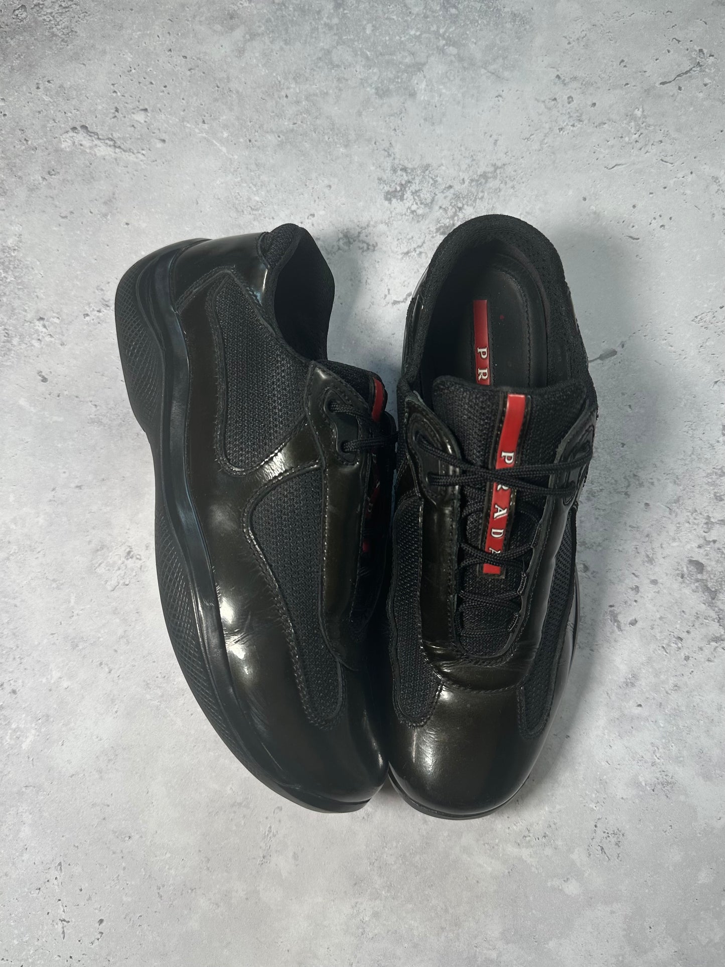 Prada Linea Rossa America’s Cup Patent Sneakers in Black / Deep Green