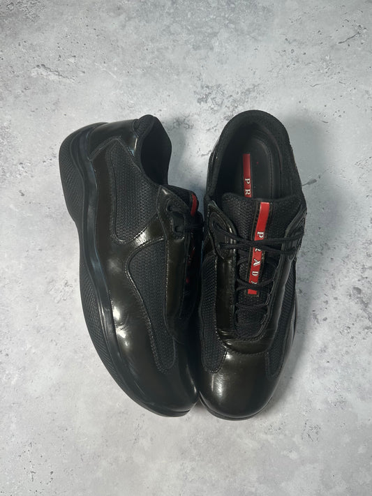 Prada Linea Rossa America’s Cup Patent Sneakers in Black / Deep Green