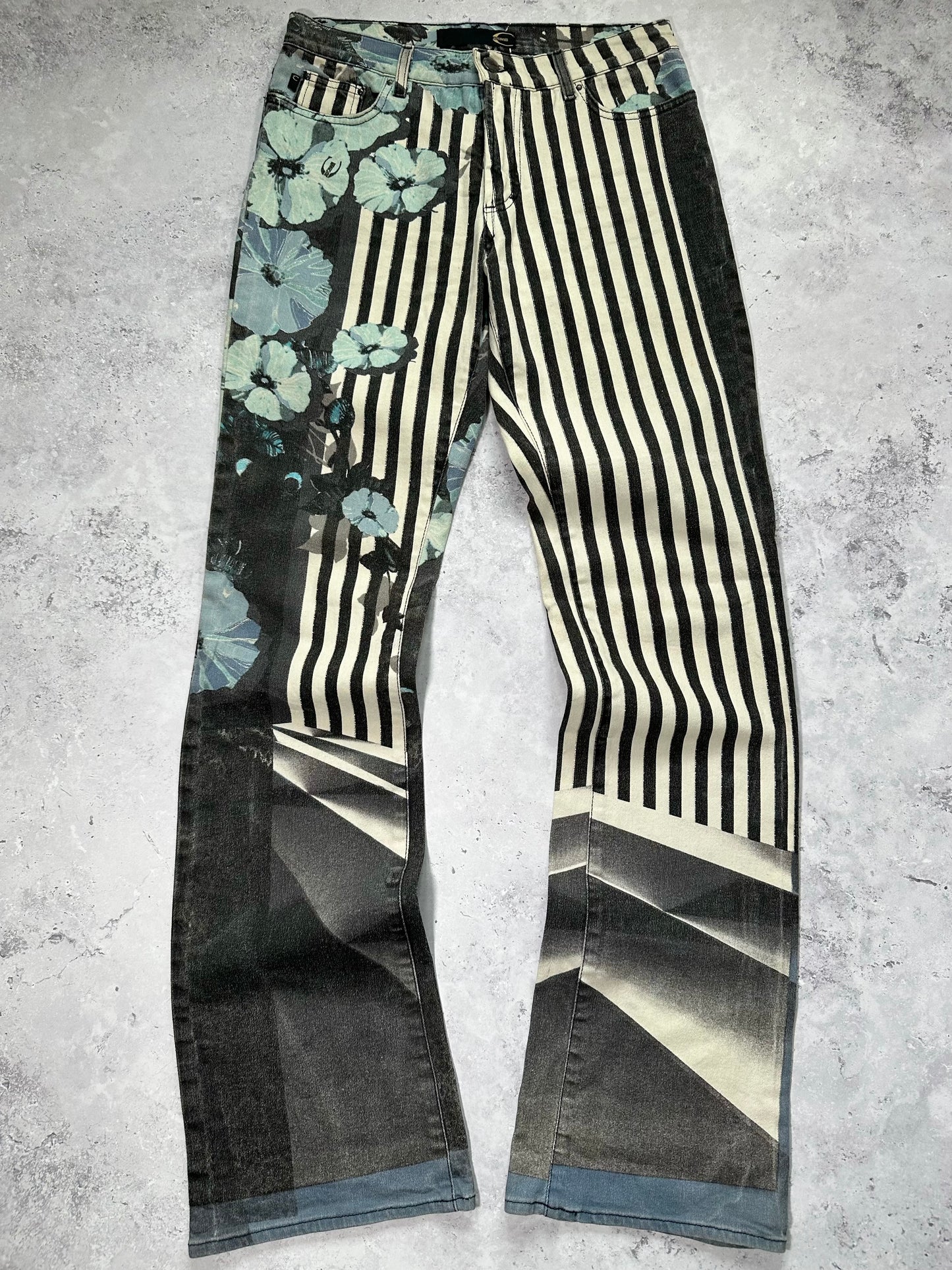 Roberto Cavalli 2005 Striped Floral Flared Jeans
