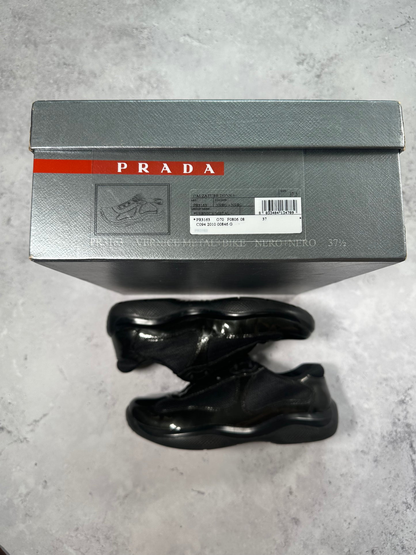 Prada America’s Cup Sneakers in Patent Black / Deep Green (UK5.5/ EU38.5-39)