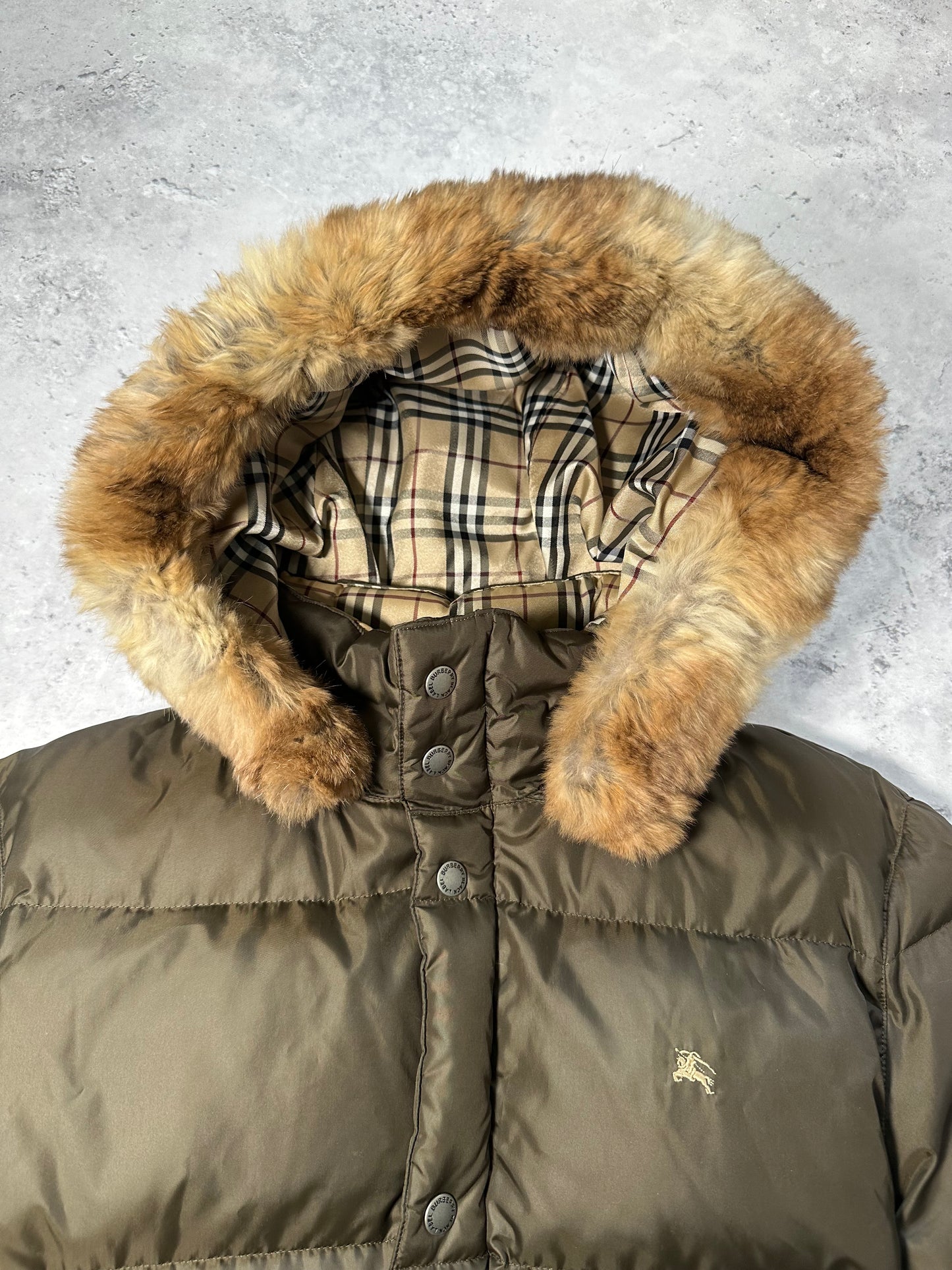 Burberry Black Label 2007 Fur Hood Down Puffer Jacket in Khaki (M)