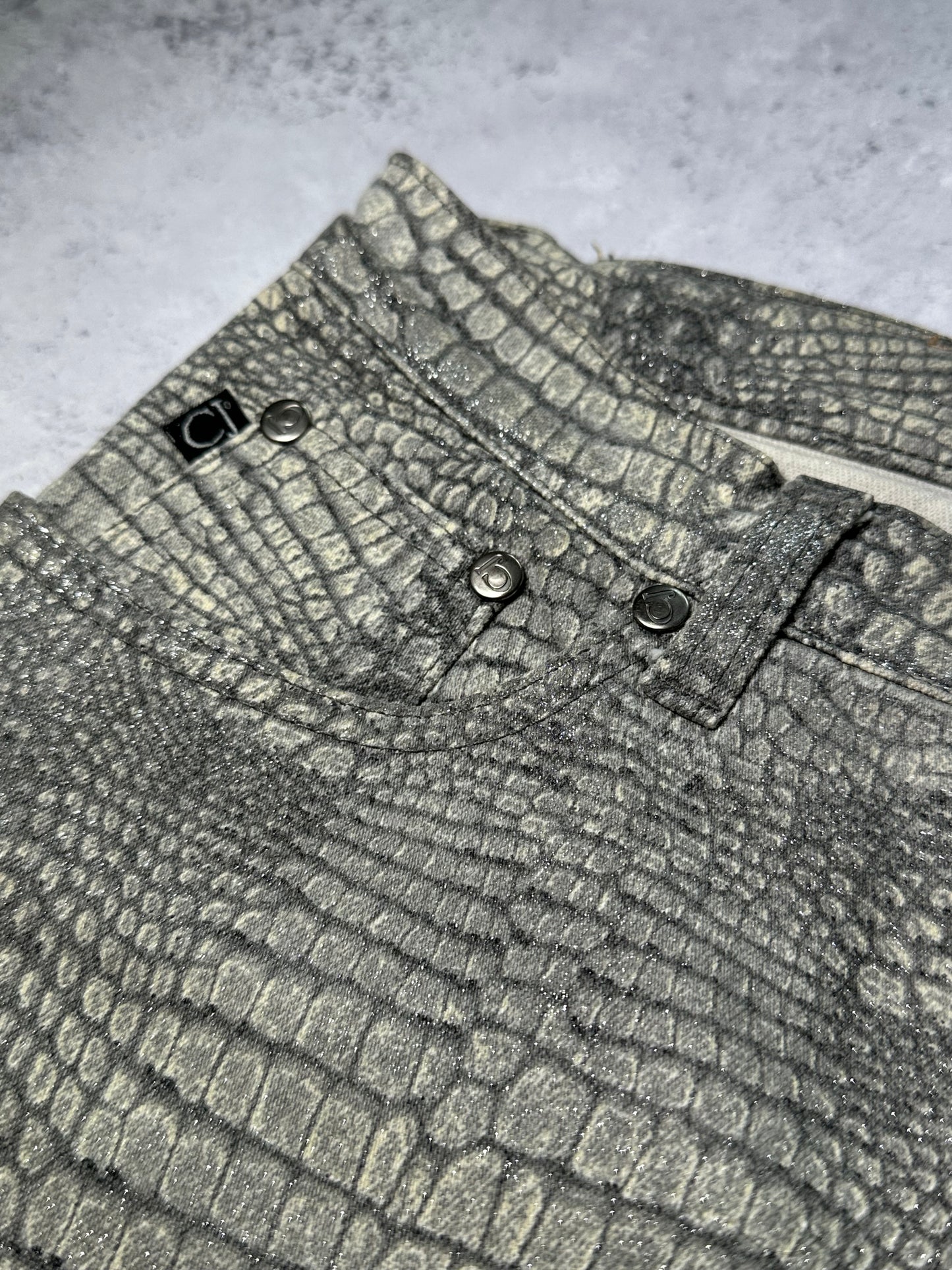 Roberto Cavalli 2003 Crocodile Print Glittered Straight Leg Jeans (W28” L32”)