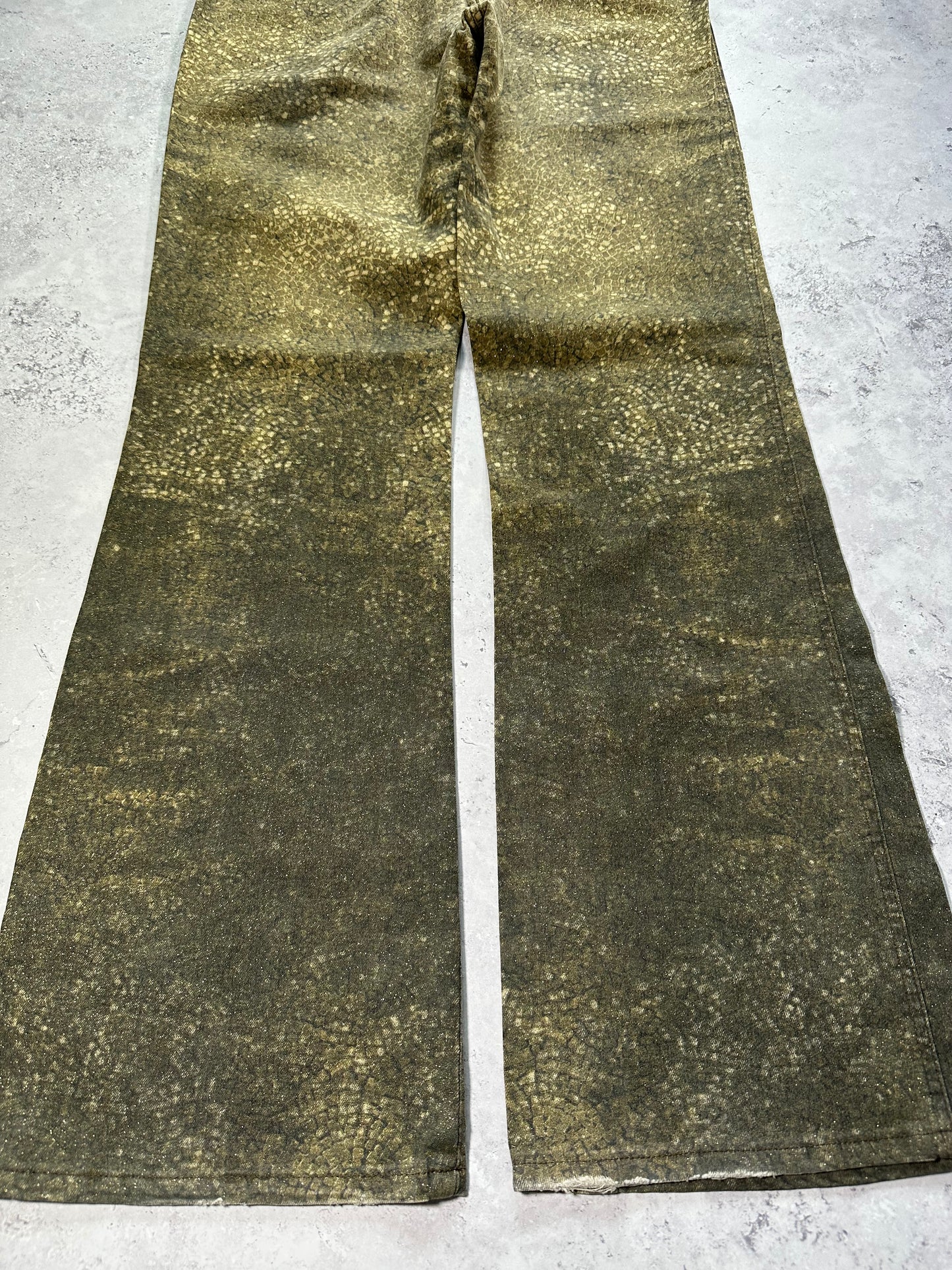 Roberto Cavalli 2005 Reptile Print Glittered Bootcut Baggy Jeans (W30 L32”)
