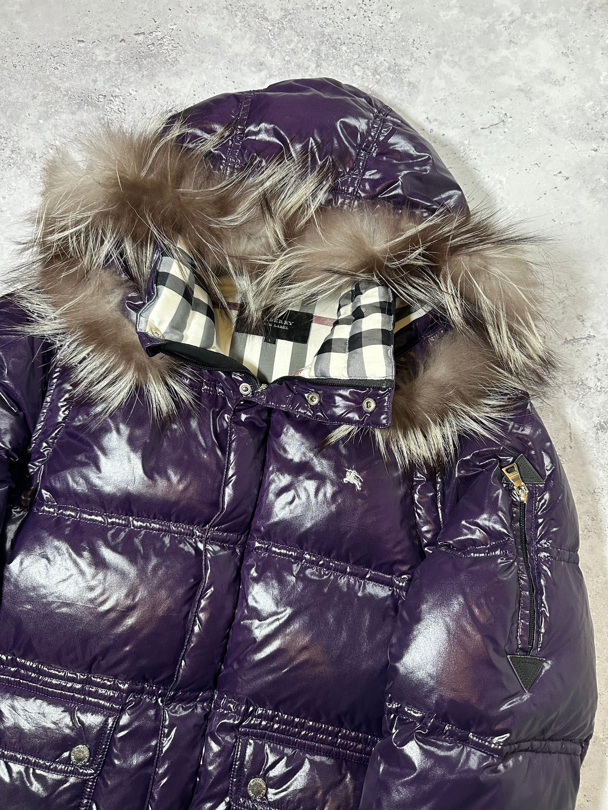 Burberry Black Label 2009 Fur Hood Glossy Puffer Jacket in Purple (L)
