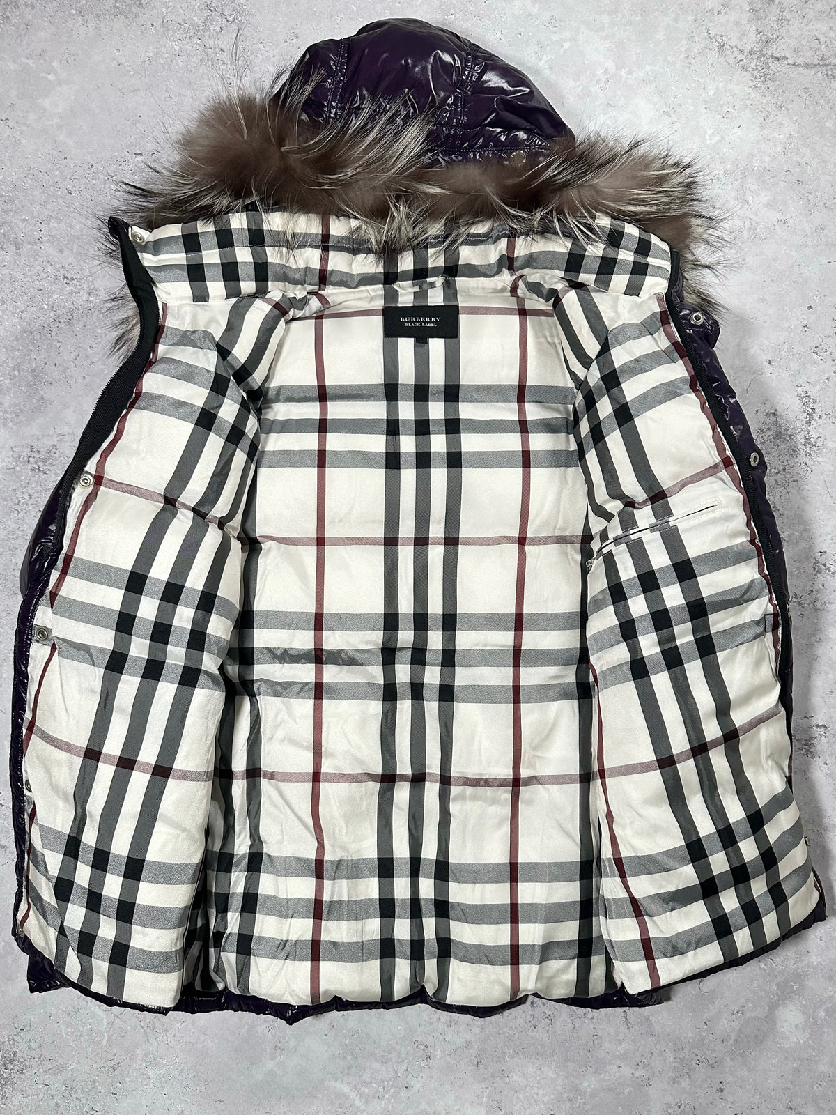Burberry Black Label 2009 Fur Hood Glossy Puffer Jacket in Purple (L)