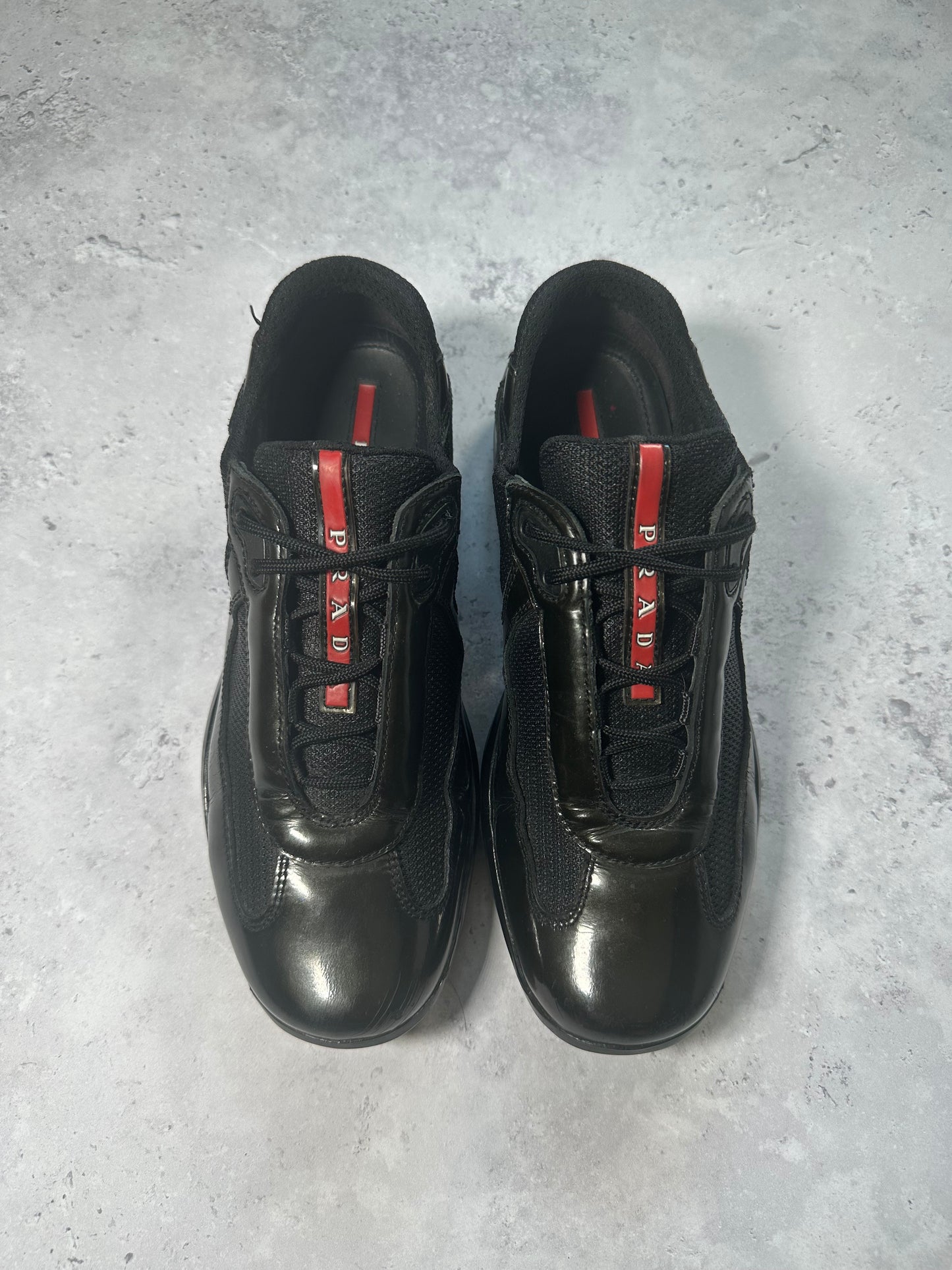 Prada Linea Rossa America’s Cup Patent Sneakers in Black / Deep Green