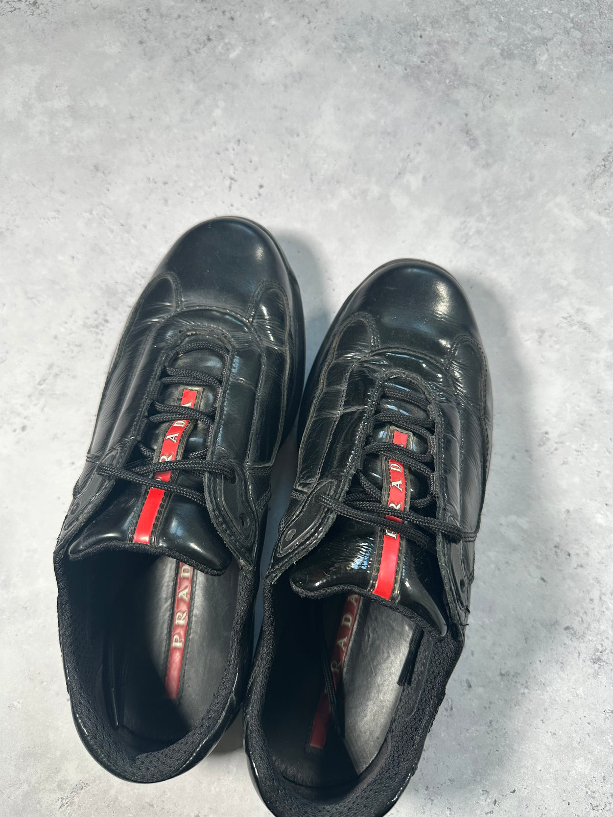 Prada Linea Rossa America’s Cup Full Leather Sneakers in Patent Black (UK5-5.5/EU38-38.5/ US6-6.5)