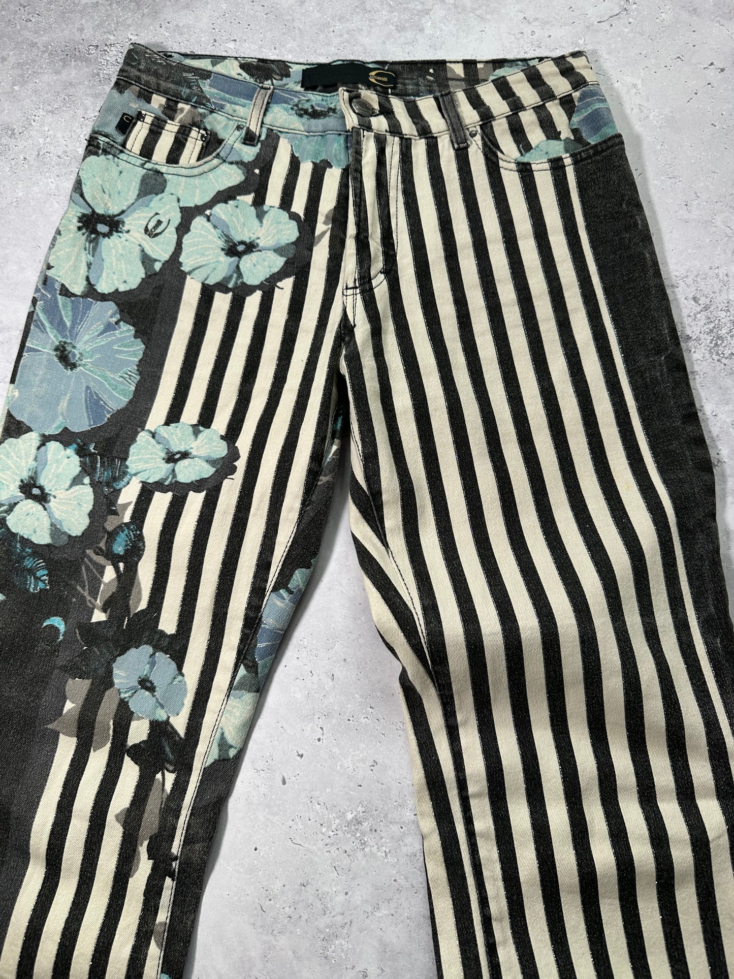 Roberto Cavalli 2005 Striped Floral Flared Jeans