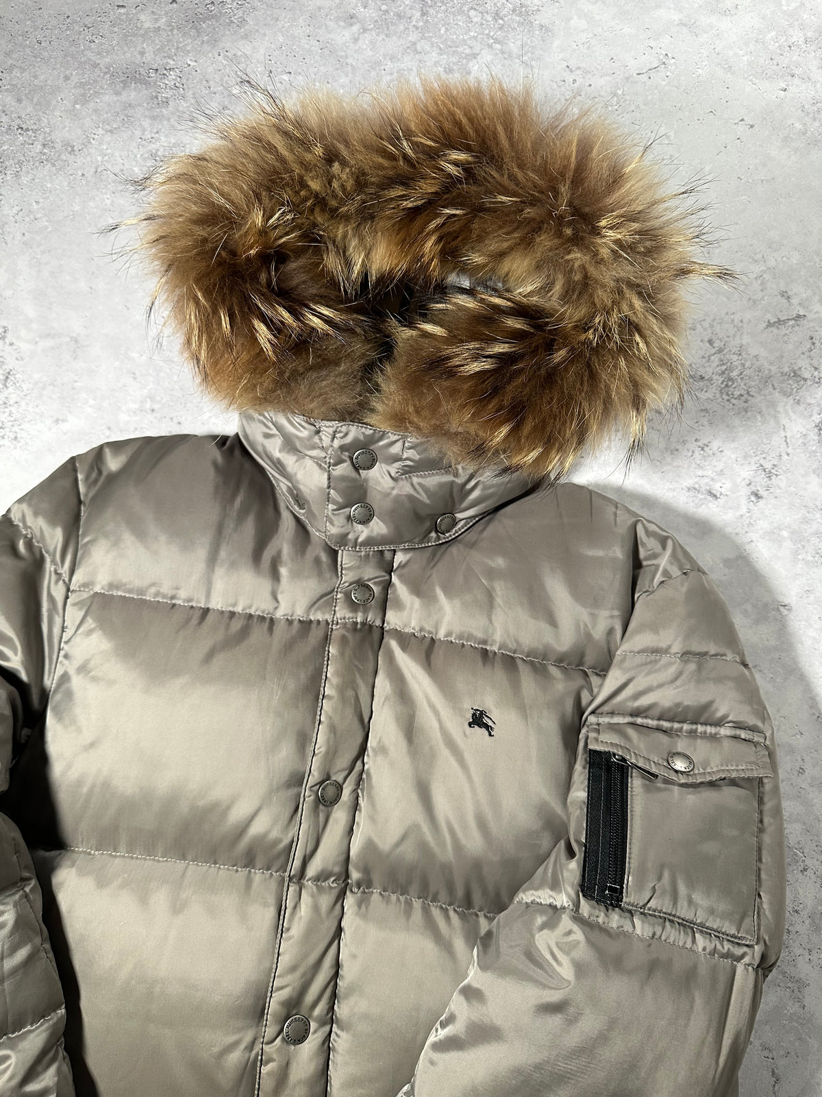 Burberry Black Label 2007 Fur Hood Puffer Jacket in Silver (M)