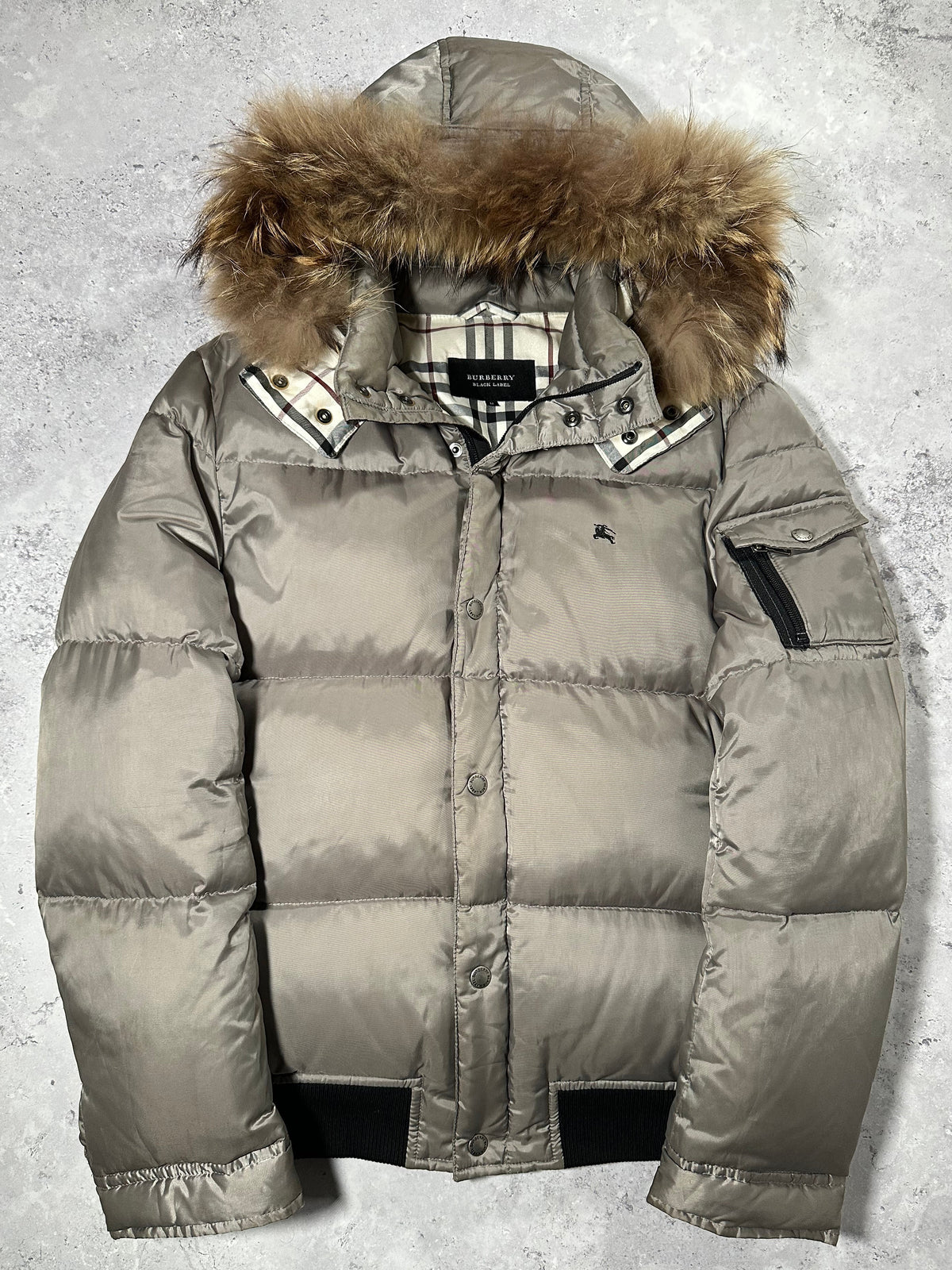 Burberry Black Label 2007 Fur Hood Puffer Jacket in Silver (M)