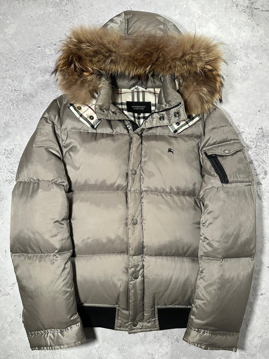 Burberry Black Label 2007 Fur Hood Puffer Jacket in Silver (M)