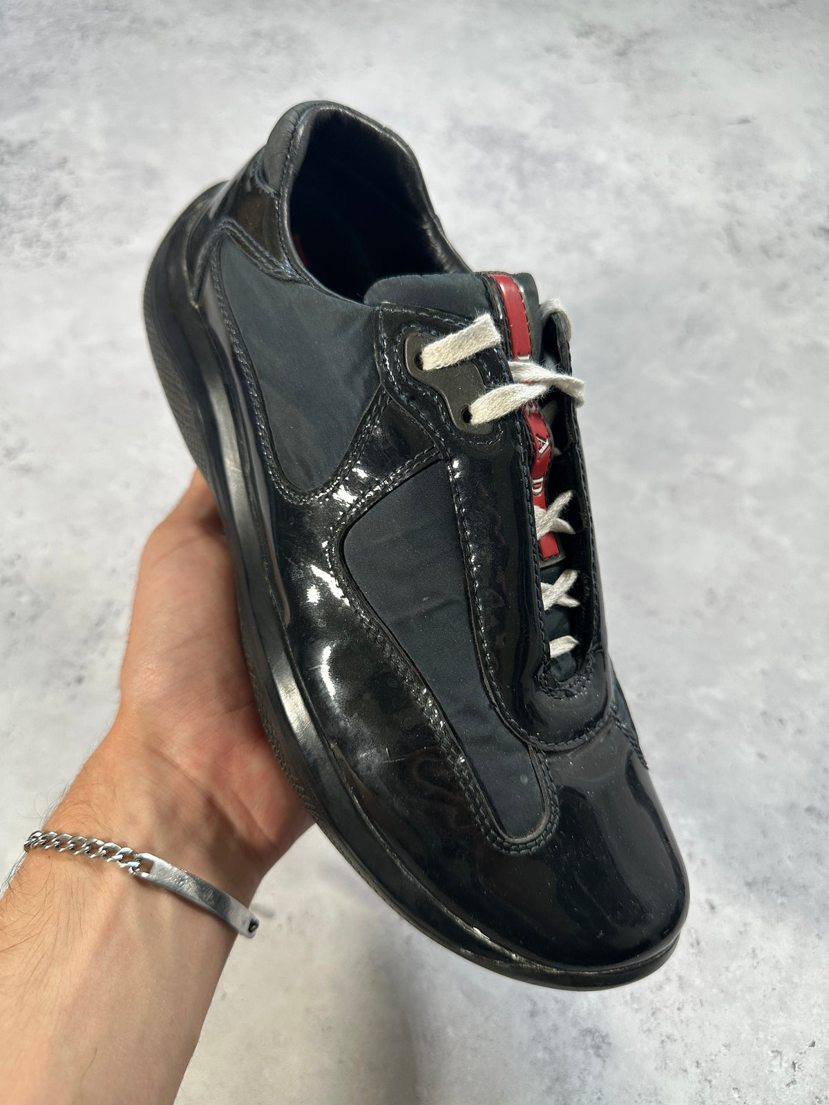 Prada Linea Rossa America’s Cup Leather Nylon Sneakers in Patent Black (UK6/EU39/ US7)