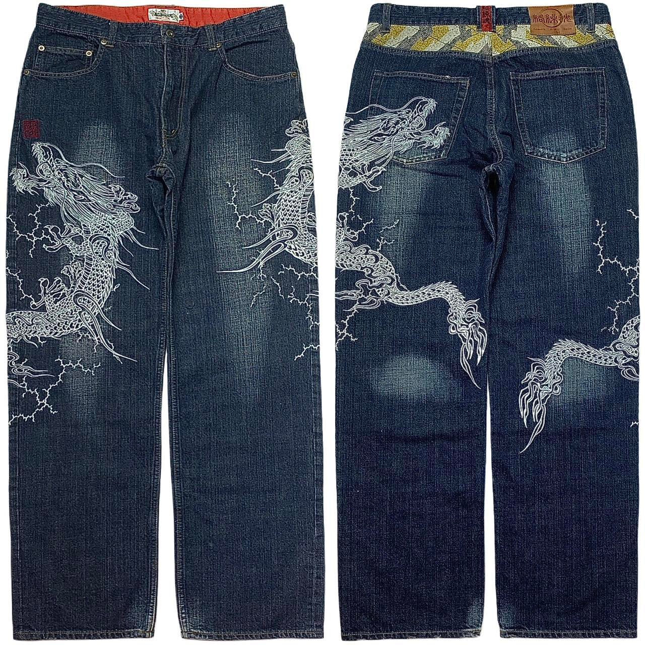 Karakuri Tamashi Japanese Embroidered Dragon Denim Jeans