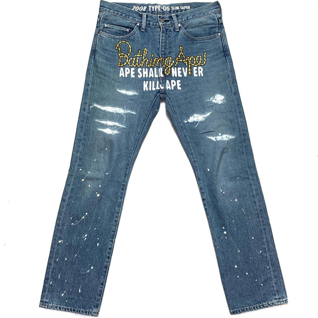 Bape Front Spell Out Paint Splatter Denim Jeans