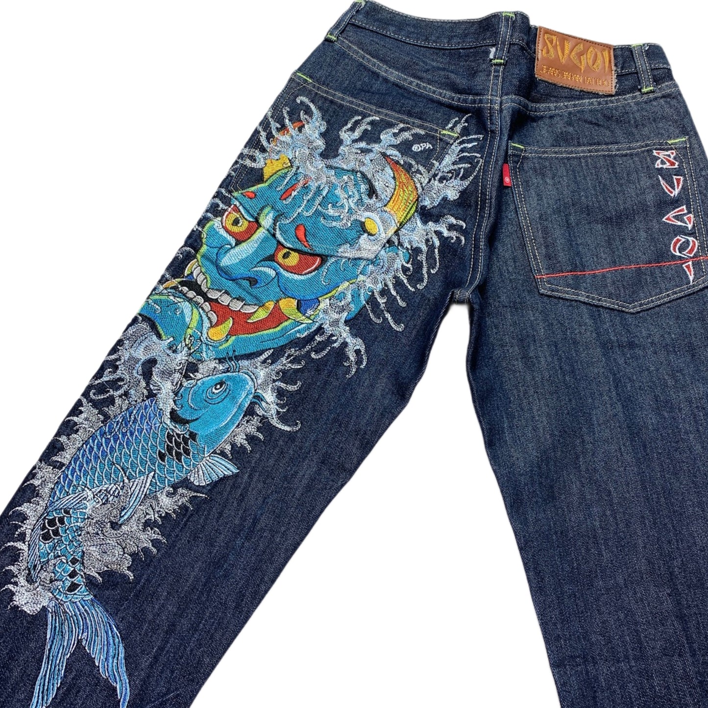 Sugoi Embroidered Oni Mask Koi Fish Japanese Denim Jeans